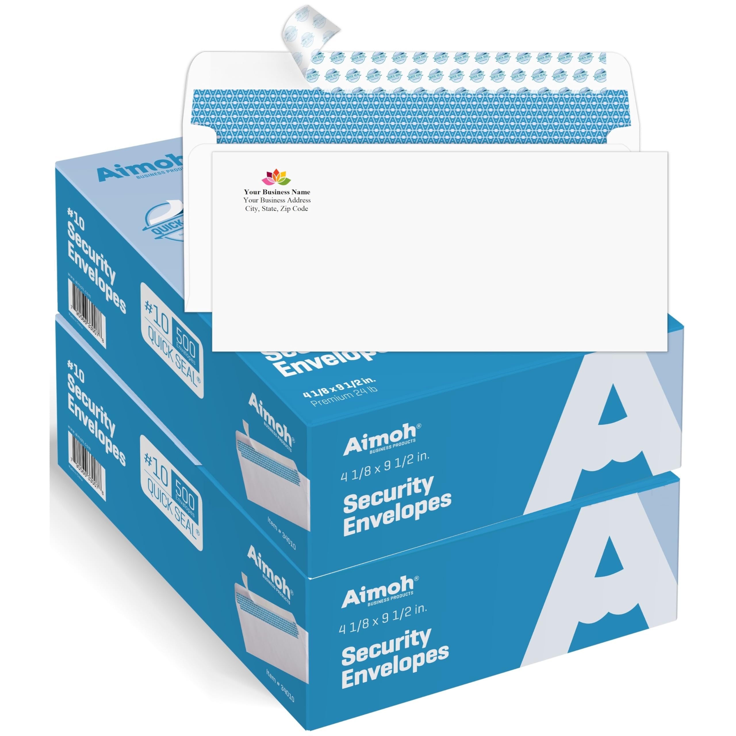 Aimoh 100#10 Custom Printed Security Tinted Self-Seal Envelopes – Personalized with Logo and Address/Return Address Imprinted - Size 4-1/8 X 9-1/2" - White - 24 LB - 100 Count (74100)