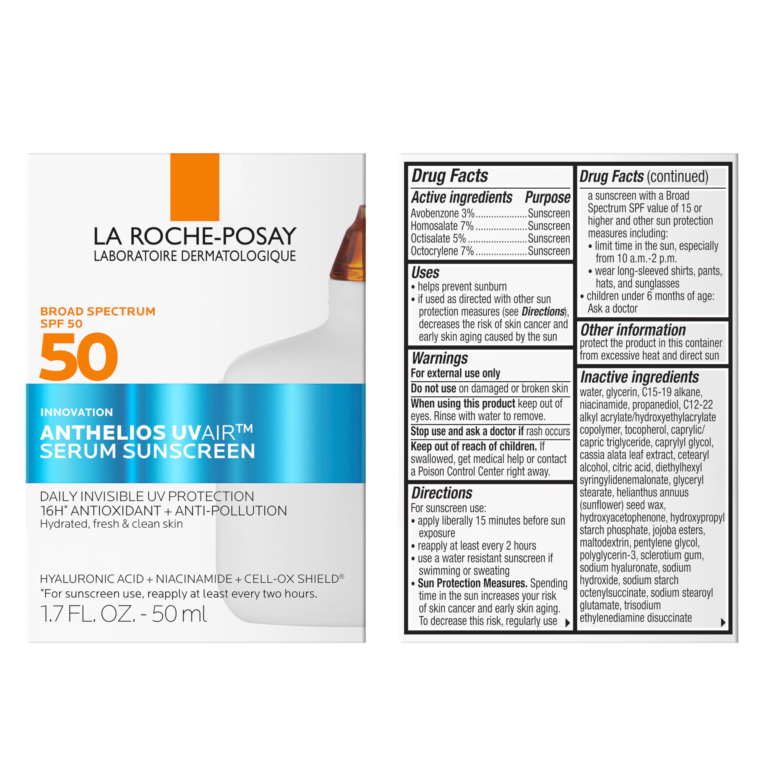 La Roche-Posay Anthelios UVAir Sunscreen Serum SPF 50 for Sensitive Skin, with Niacinamide, Hyaluronic Acid & Antioxidants, Hydrating Lightweight Sunscreen for Face, Fast-Absorbing, 1.7oz