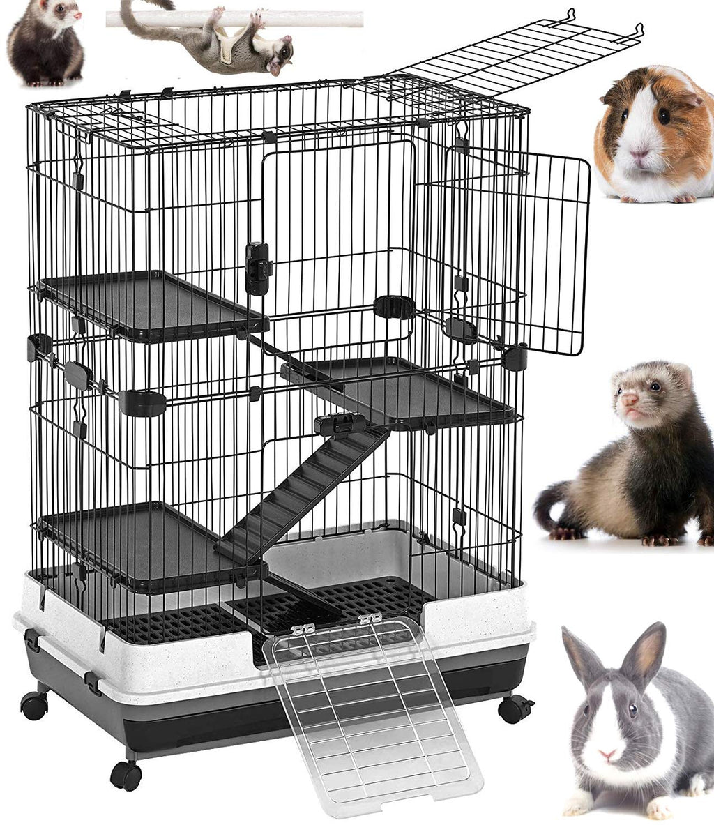 Deluxe 2-Level in/Outdoor Rabbit Hutch Cage for Ferret Squirrel Chinchilla Paw Safe Solid Platform Ramp Mesh Floor Pull Out Leakproof Easy Clean 2-Inch Deep Tray Large Access Doors Lockable Casters