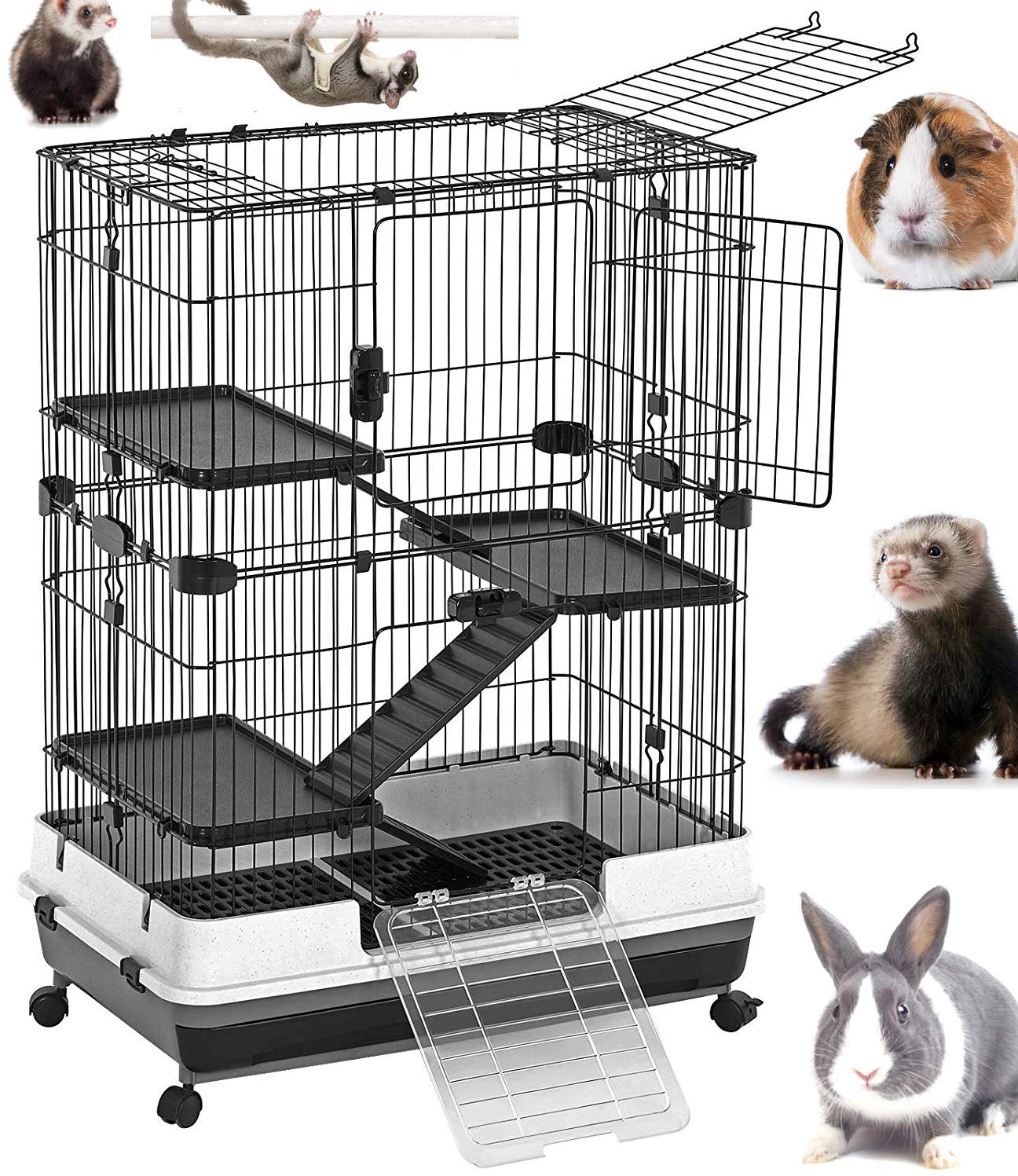 Deluxe 2-Level in/Outdoor Rabbit Hutch Cage for Ferret Squirrel Chinchilla Paw Safe Solid Platform Ramp Mesh Floor Pull Out Leakproof Easy Clean 2-Inch Deep Tray Large Access Doors Lockable Casters