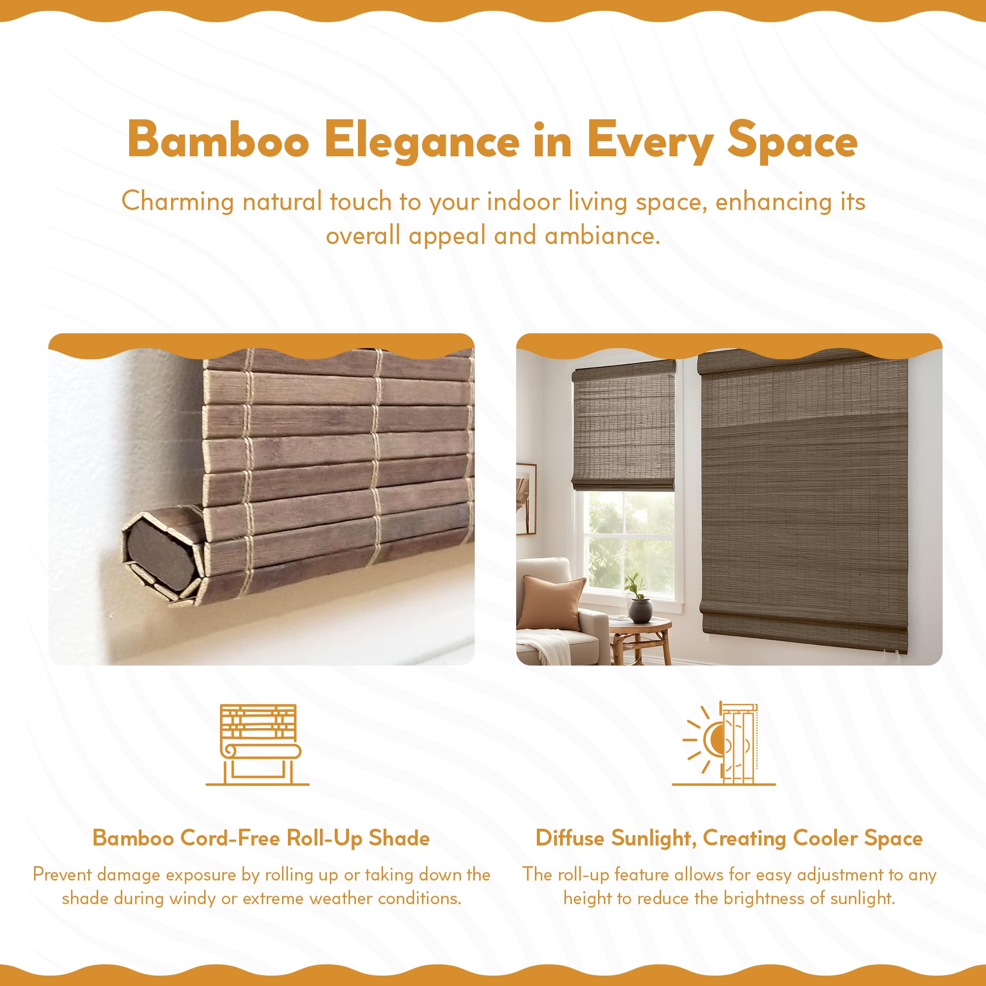 Radiance Cordless Bamboo Roman Shades for Windows - Flatstick Bamboo Blinds for Semi-Private Light Control - Easy to Lift & Fold Up Window Shades - Cocoa - 23 in. W x 64 in. L - (2216300E)