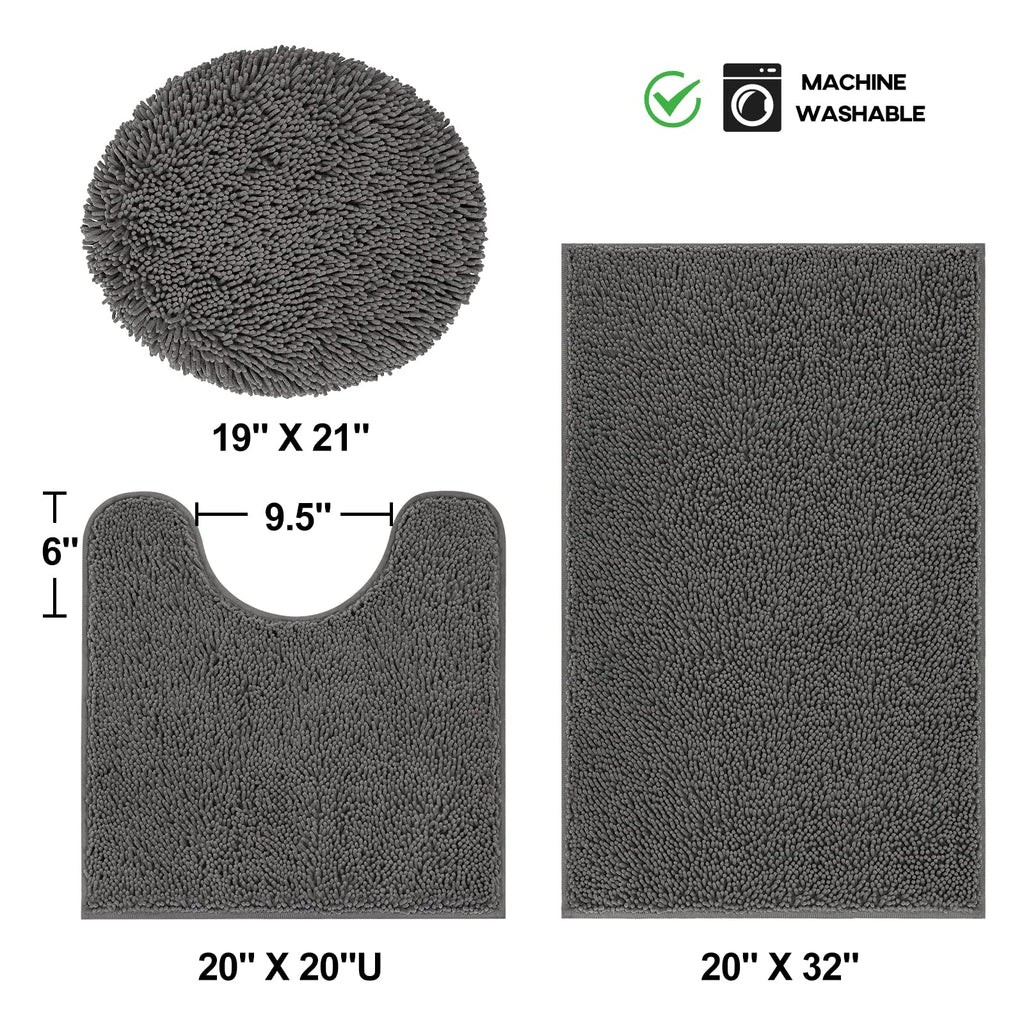 TREETONE Chenille Bath Mat 3 Pieces Bathroom Rugs Set, 20x20 Inches U-Shape Contoured Toilet Mat & 20x32 Inches Rug & Lid Cover,Water Absorbent Plush Rugs for Tub Shower & Bath Room -Beige