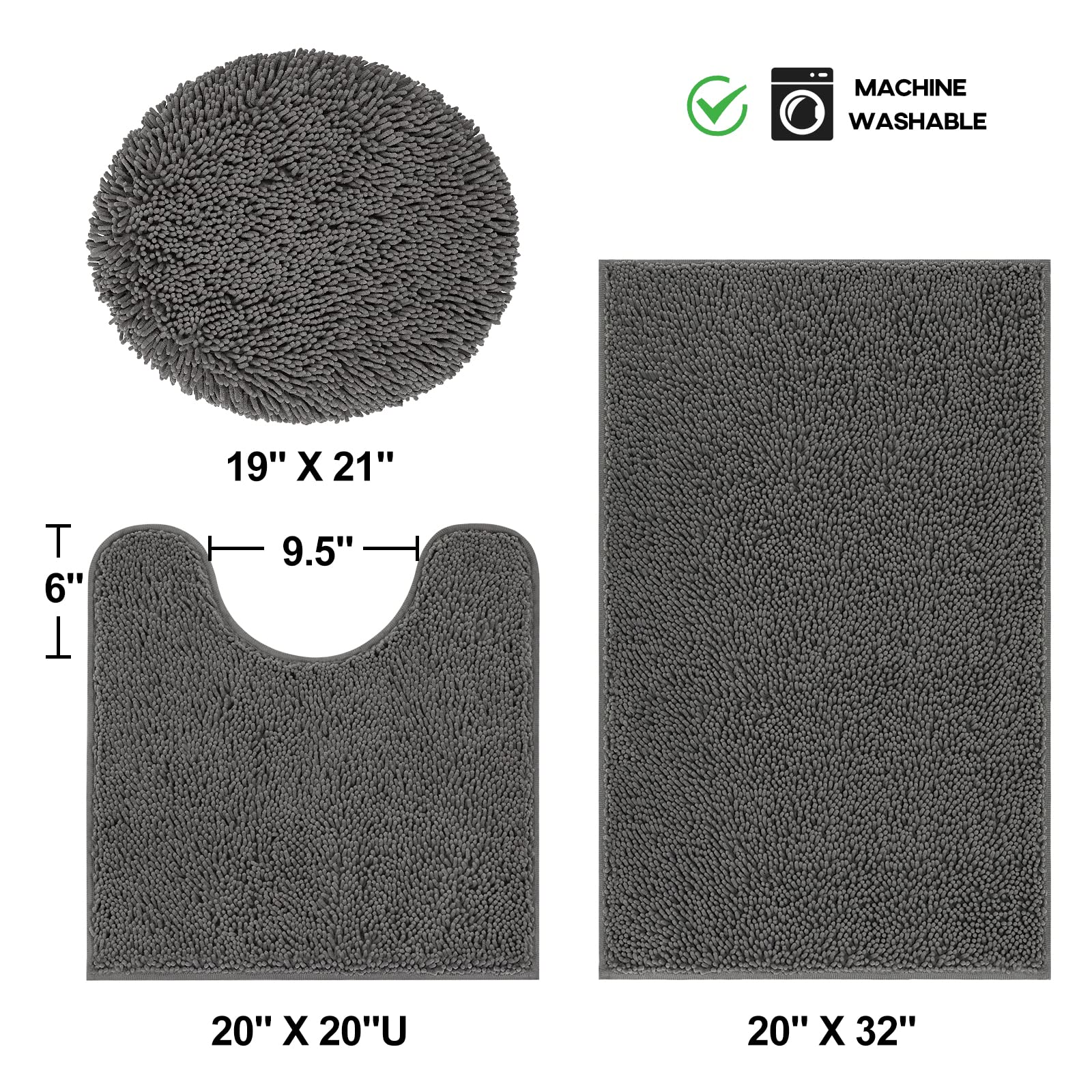 TREETONE Chenille Bath Mat 3 Pieces Bathroom Rugs Set, 20x20 Inches U-Shape Contoured Toilet Mat & 20x32 Inches Rug & Lid Cover,Water Absorbent Plush Rugs for Tub Shower & Bath Room -Beige
