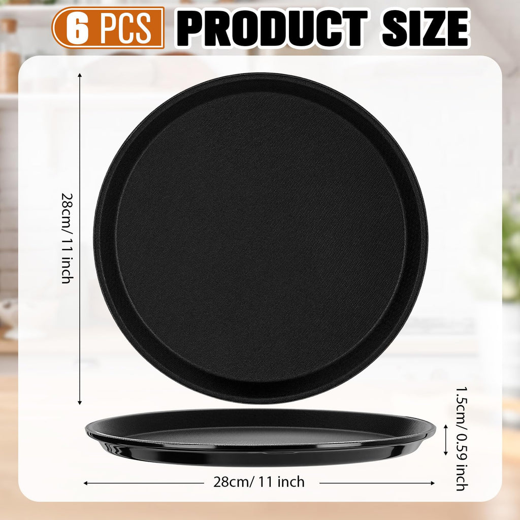 Zopeal 2 Pieces Black Round Restaurant Serving Tray, Plastic Non Slip Surface Food Meals Server Tray with Raised Edges for Home, Kitchen, Restaurant, Cafeteria, Bar (11")