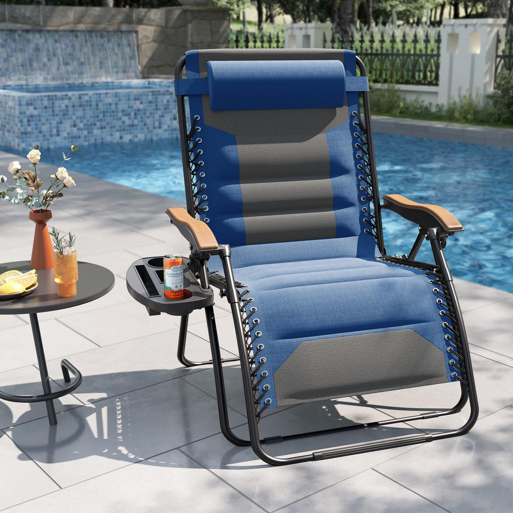 PHI VILLA XXL Oversized Padded Zero Gravity Chair Set of 2, Foldable Patio Recliner, 30" Wide Seat Anti Gravity Lounger with Armrest and Cup Holder, Support 400 LBS (Aqua Blue)