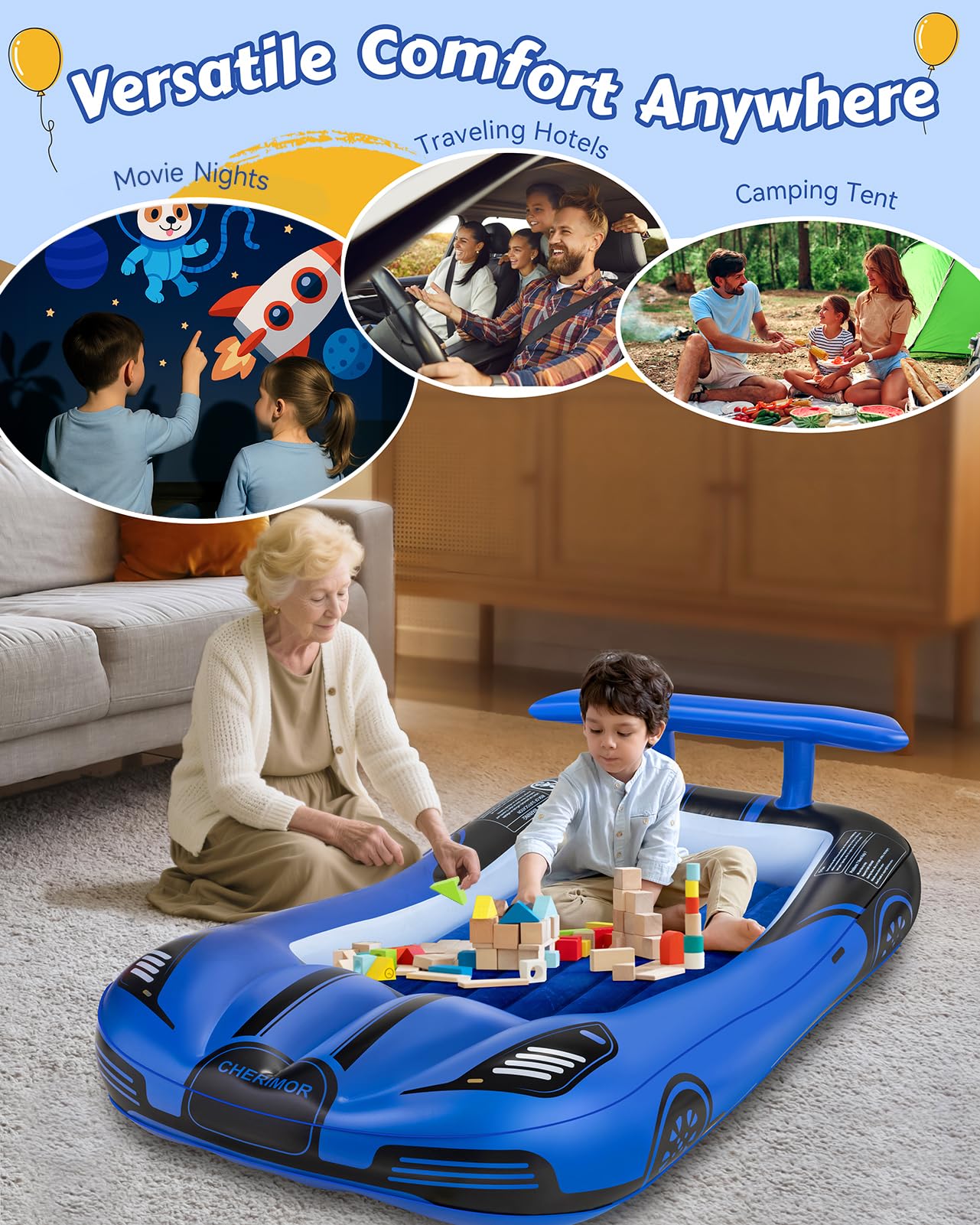 CHERIMOR Inflatable Toddler Travel Bed with Safety Bumpers & 2 Mins Auto Inflation Pump, Portable Toddler Kids Air Mattress with Carry Bag for Home Grandma's Sleepovers Travel Camping, 330lbs Support