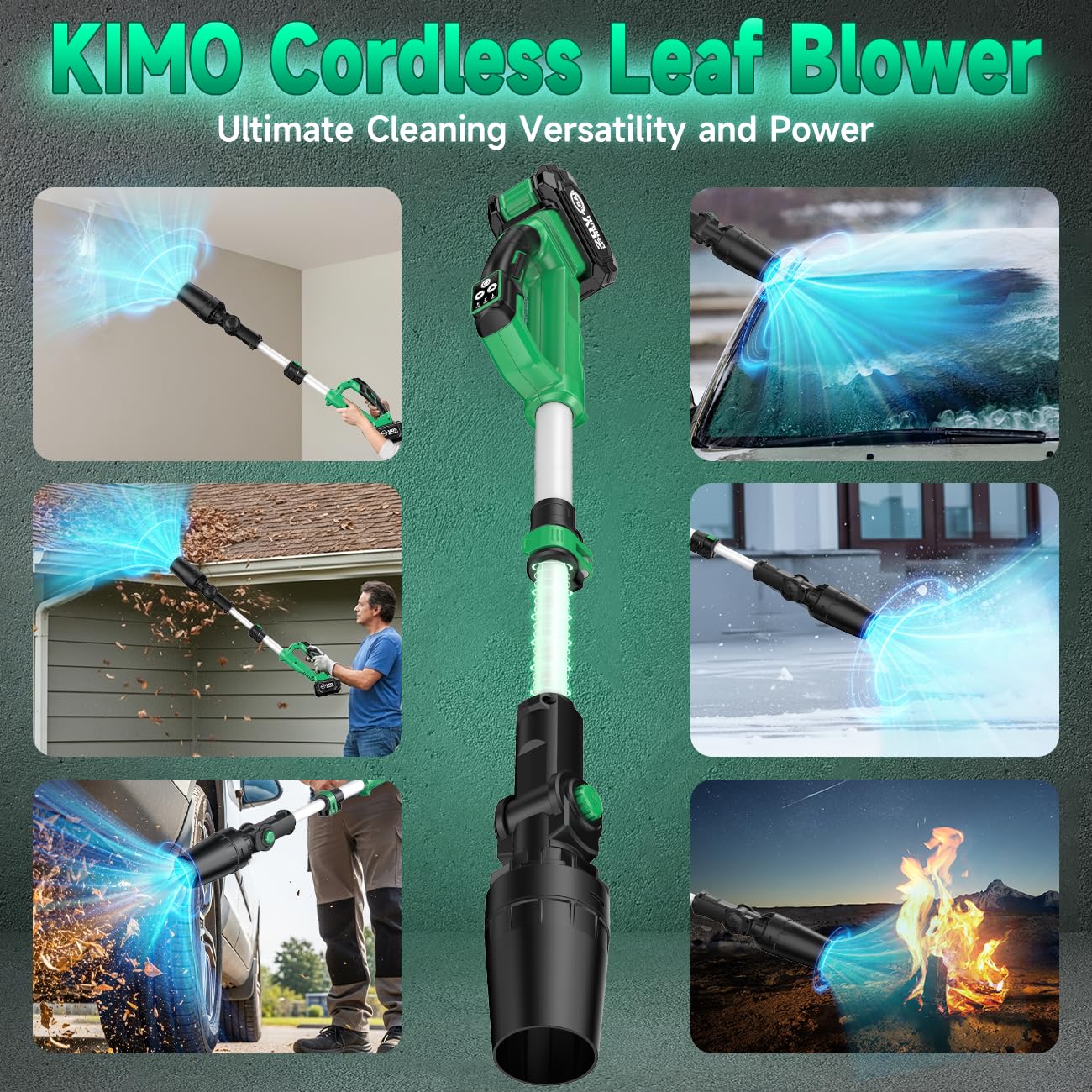 KIMO Leaf Blower Cordless with Battery and Charger, 540CFM/220MPH, Precision Adjustment Handle, 3Speeds w/ Visual Panel, Lightweight, 2 Extended Tube, 2* 2.0 Battery Powered Leaf Blowers for Lawn Care