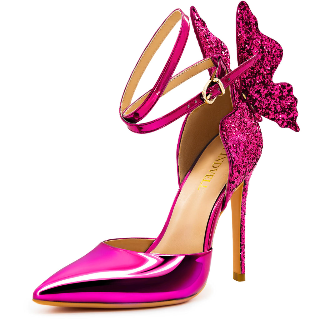 FINDVELL Gold High Heels Butterfly Back Sexy Stiletto Pumps Closed Toe Sparkly Ankle Strap Heels Sandals Dress Shoes for Women
