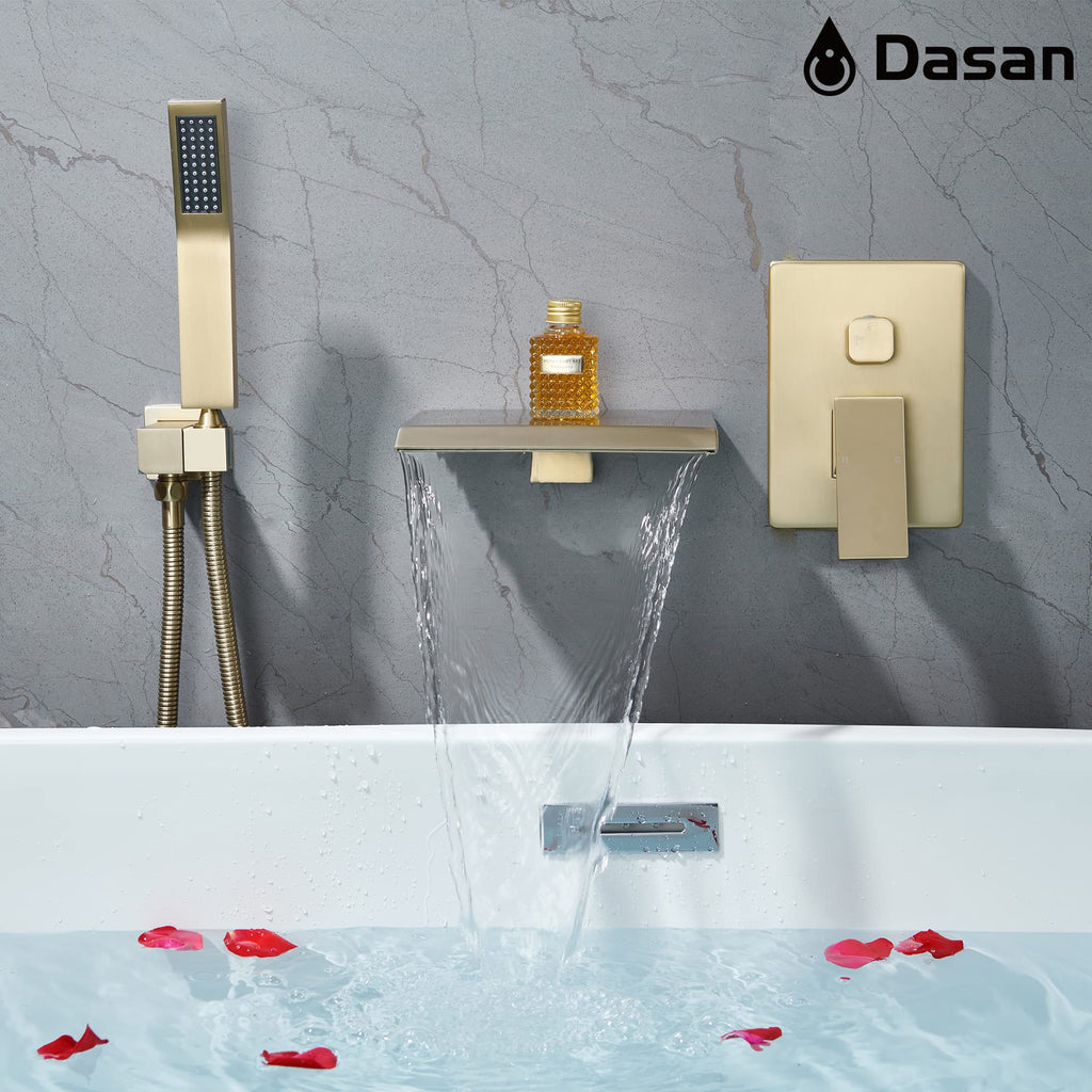 Upgraded Wall Mount Tub Filler Faucet with Handheld Shower, DASAN Modern Wall Mounted Bathtub Faucet Brushed Gold High Flow Waterfall Tub Faucet with Rough in Valve, SA-TF04WH-BG