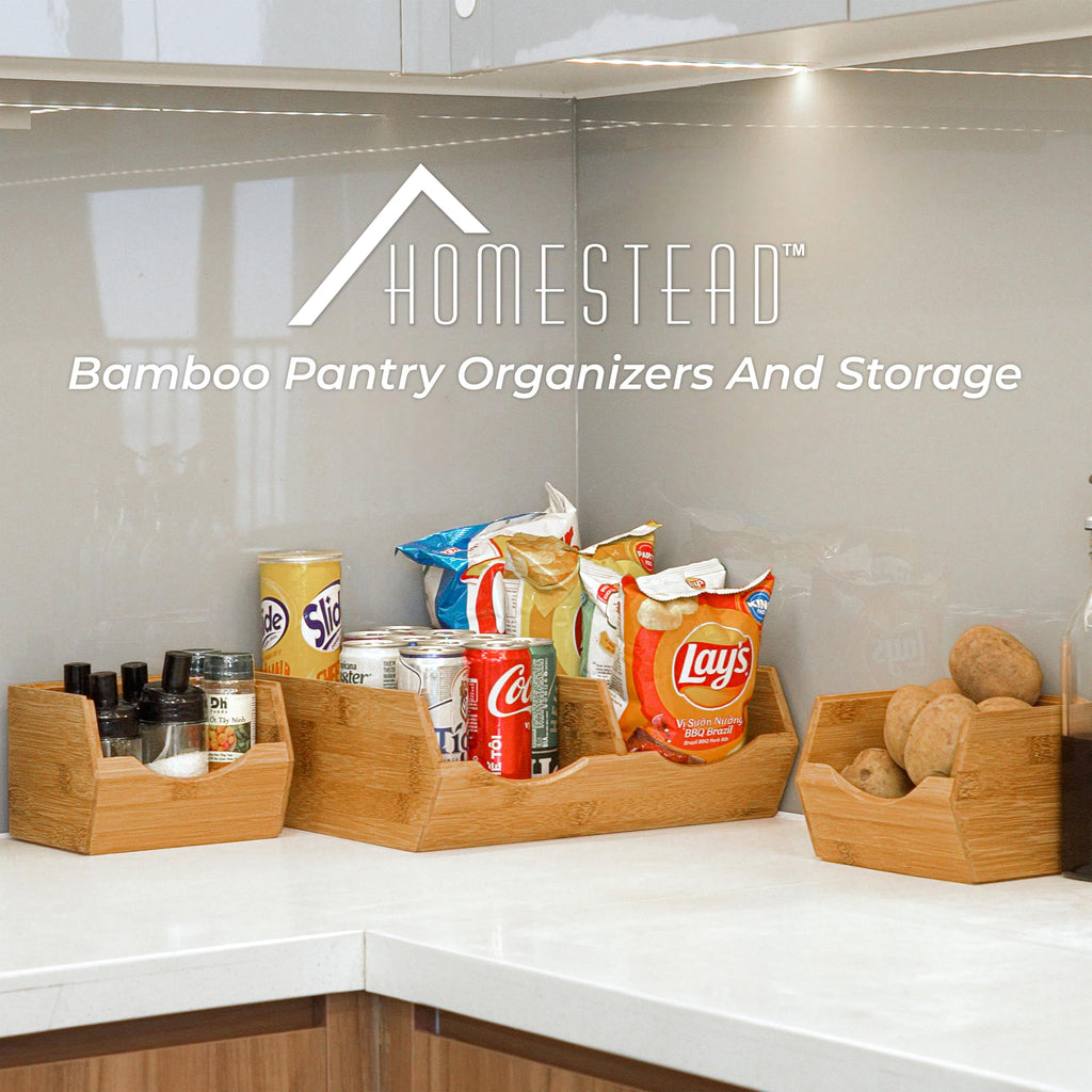 HOMESTEAD Bamboo Pantry Storage Bins – Stackable Potato & Onion Storage Bin for Kitchen Countertop, Pantry Organizer, Fruit Vegetable Basket, Multiuse - Set of 3 Slide-Out Access