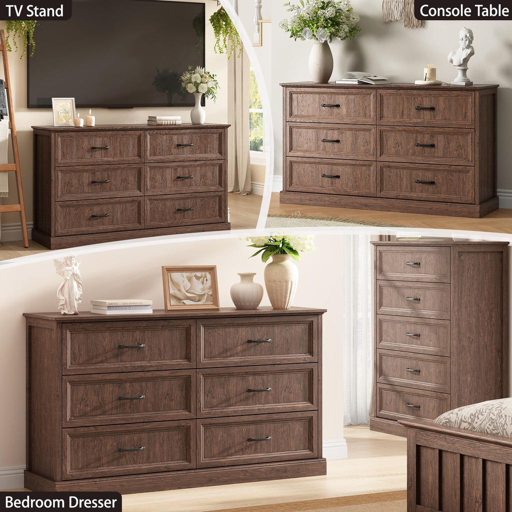 Farmhouse 5 Drawers Dresser for Bedroom, 44" Tall Brown dresser Wood Rustic Chest of Drawers with Wide Metal Handle,Natural Texture,Drawer Organizer for Bedroom,Living Room,Hallway and Entryway