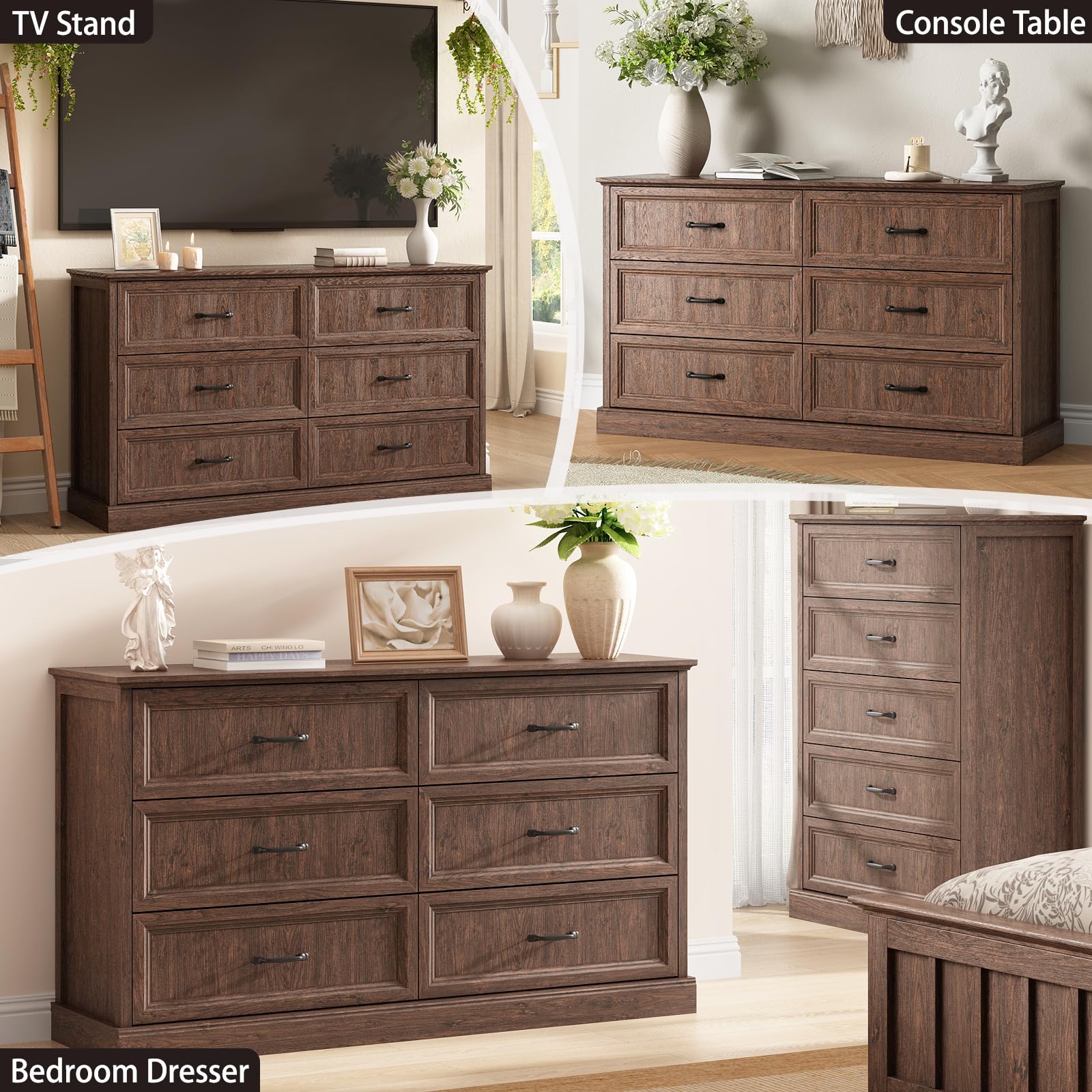 Farmhouse 5 Drawers Dresser for Bedroom, 44" Tall Brown dresser Wood Rustic Chest of Drawers with Wide Metal Handle,Natural Texture,Drawer Organizer for Bedroom,Living Room,Hallway and Entryway