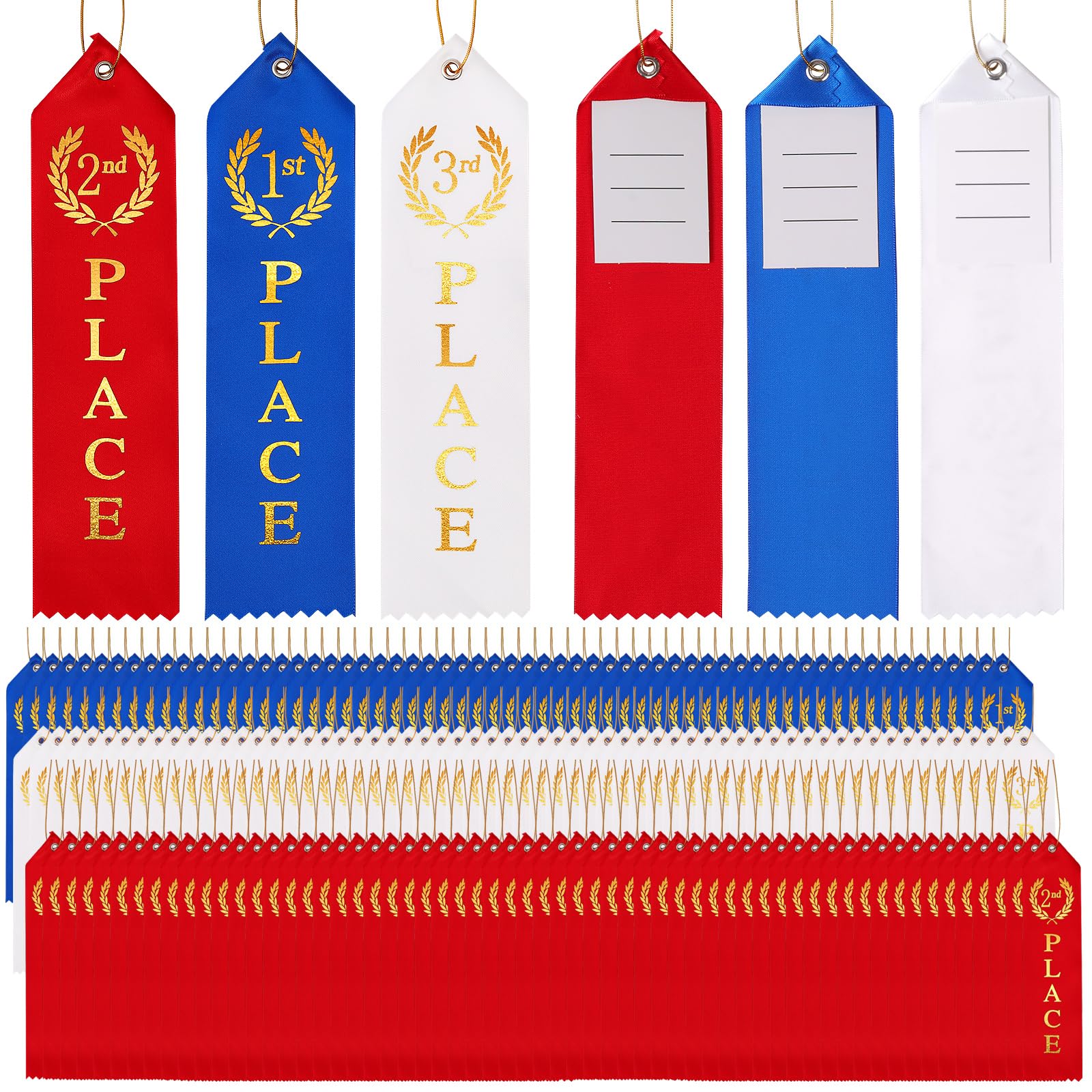 36PCS Award Ribbons, Medal Ribbons for 1st, 2nd, 3rd Place, Event Card & Rope Included, Perfect for Competitions, Sports Events, School Challenges, Vibrant Blue, Red, and White