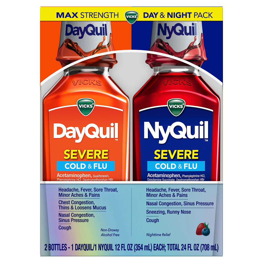 Vicks DayQuil & NyQuil SEVERE Cold & Flu Medicine, Relief for Headache, Fever, Sore Throat, Minor Aches & Pains, Nasal Congestion, Sinus Pressure, Stuffy Nose, and Cough, Co-Pack, 2 x 12 OZ