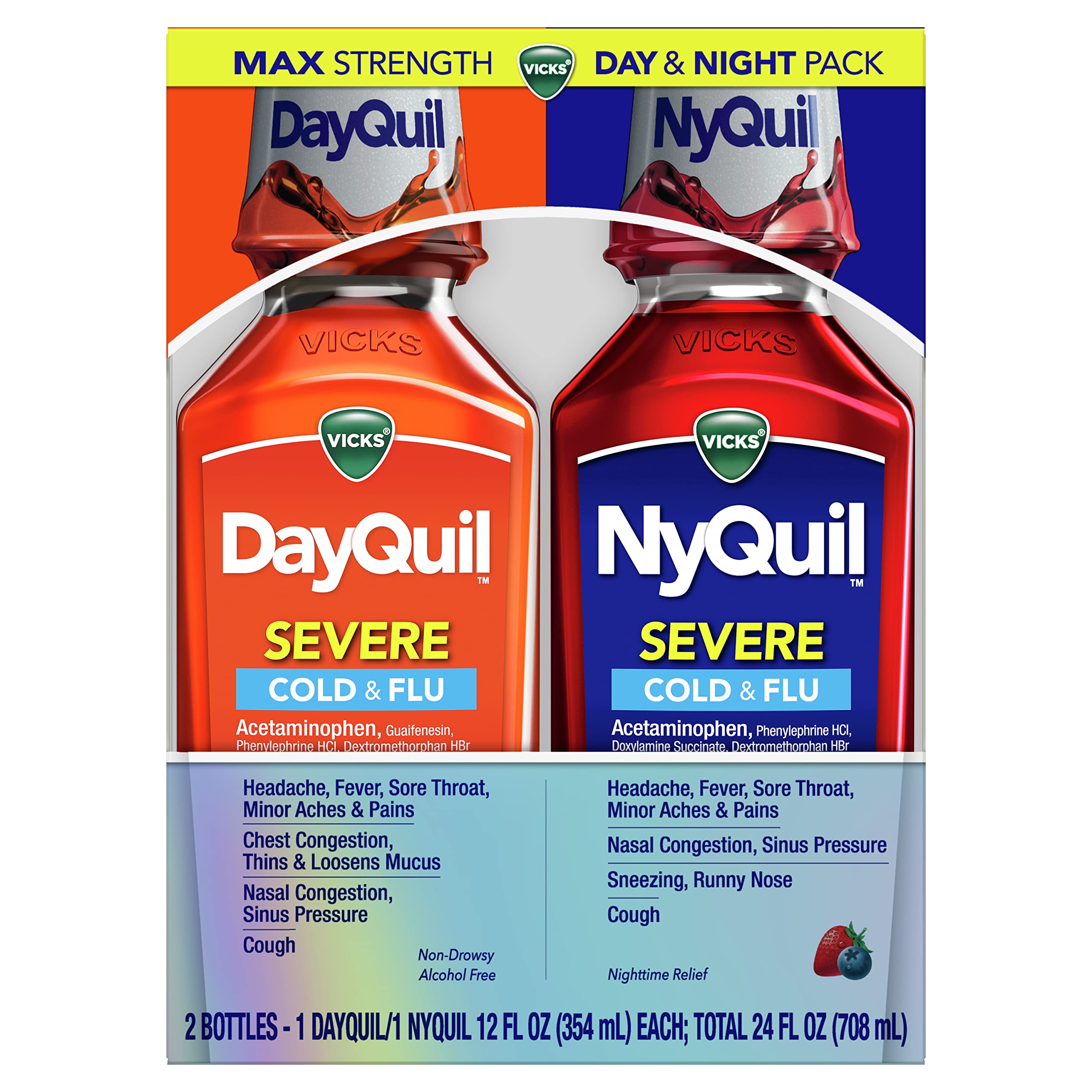 Vicks DayQuil & NyQuil SEVERE Cold & Flu Medicine, Relief for Headache, Fever, Sore Throat, Minor Aches & Pains, Nasal Congestion, Sinus Pressure, Stuffy Nose, and Cough, Co-Pack, 2 x 12 OZ