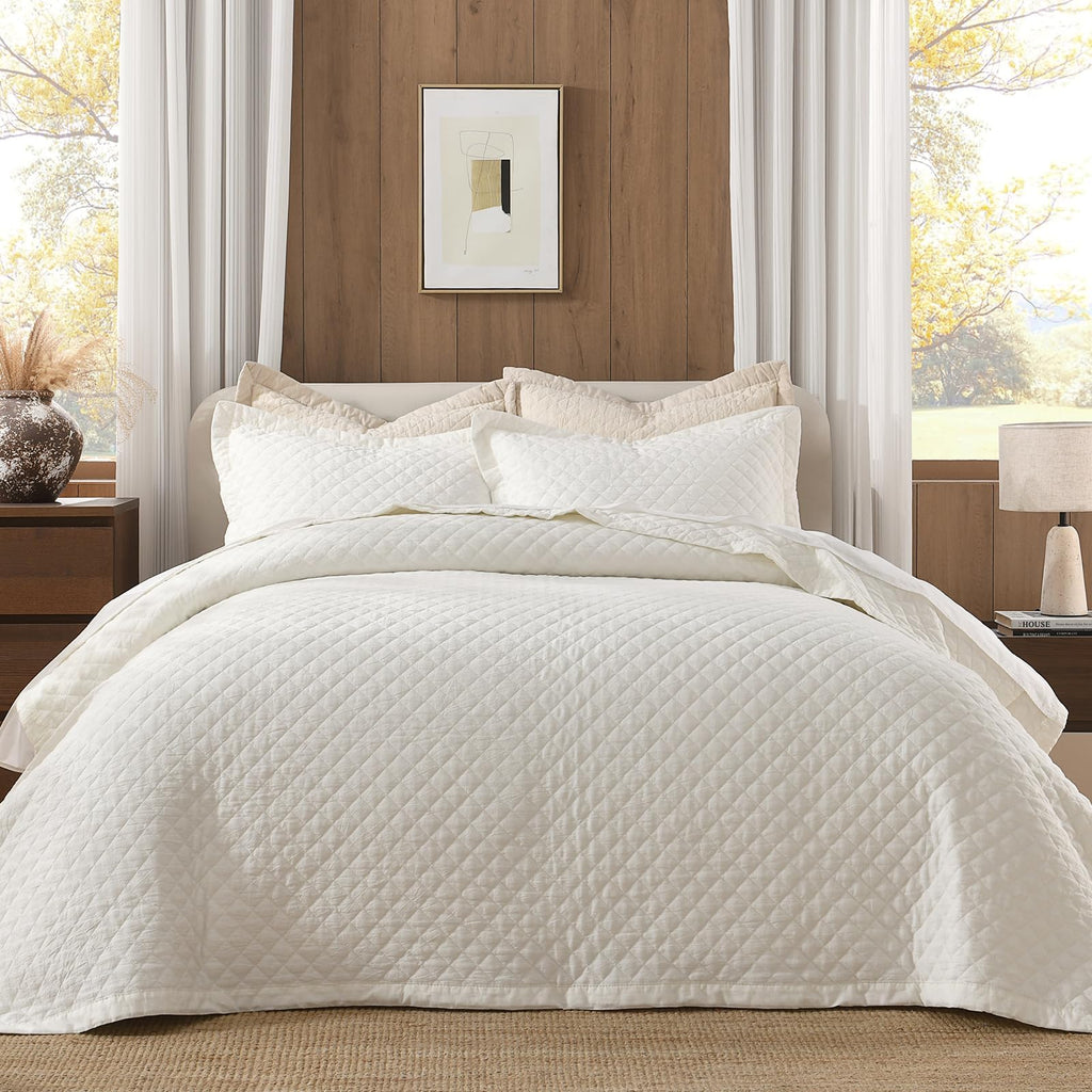 Grassix Linen Quilt Set Queen Size 3-Piece, 100% Linen Front & Cotton Back, Prewashed Diamond Stitch Bedspread with 2 Shams, Lightweight Breathable Quilt for Hot Sleepers, Modern Farmhouse Bedding