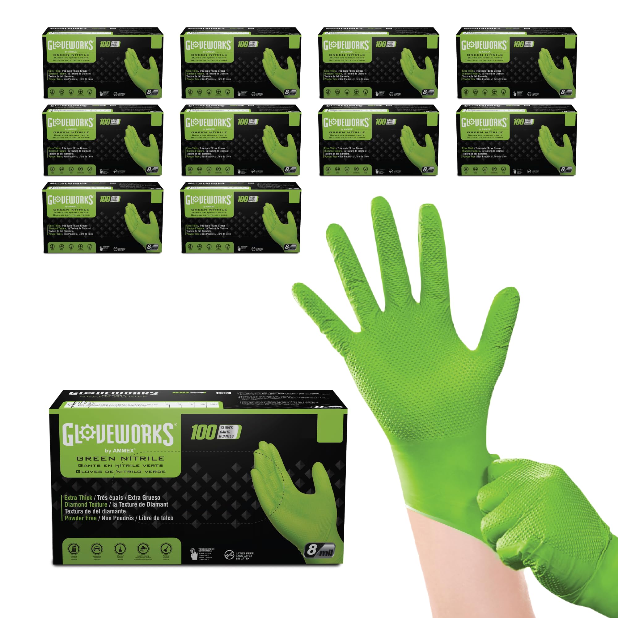GLOVEWORKS HD Green Gloves, 8 Mil Nitrile Disposable Heavy Duty Raised Diamond Grip Mechanic Glove, Bulk Purchasing Options
