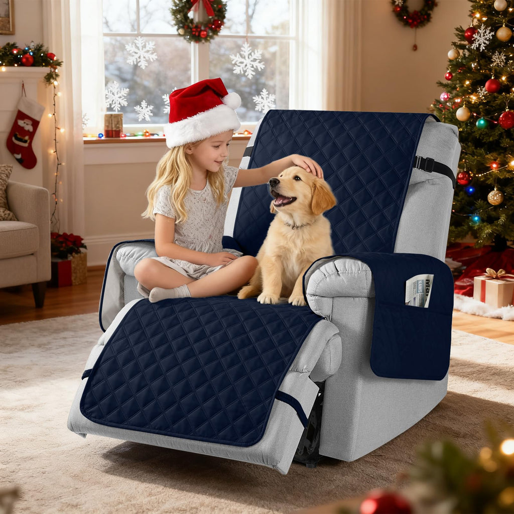 TAOCOCO 100% Waterproof Recliner Chair Covers, Reversible Recliner Covers with Leg Straps, Washable Recliner Sofa Covers for Reclining Chair Furniture Dog Protector with Pocket (Black, 23.6'')