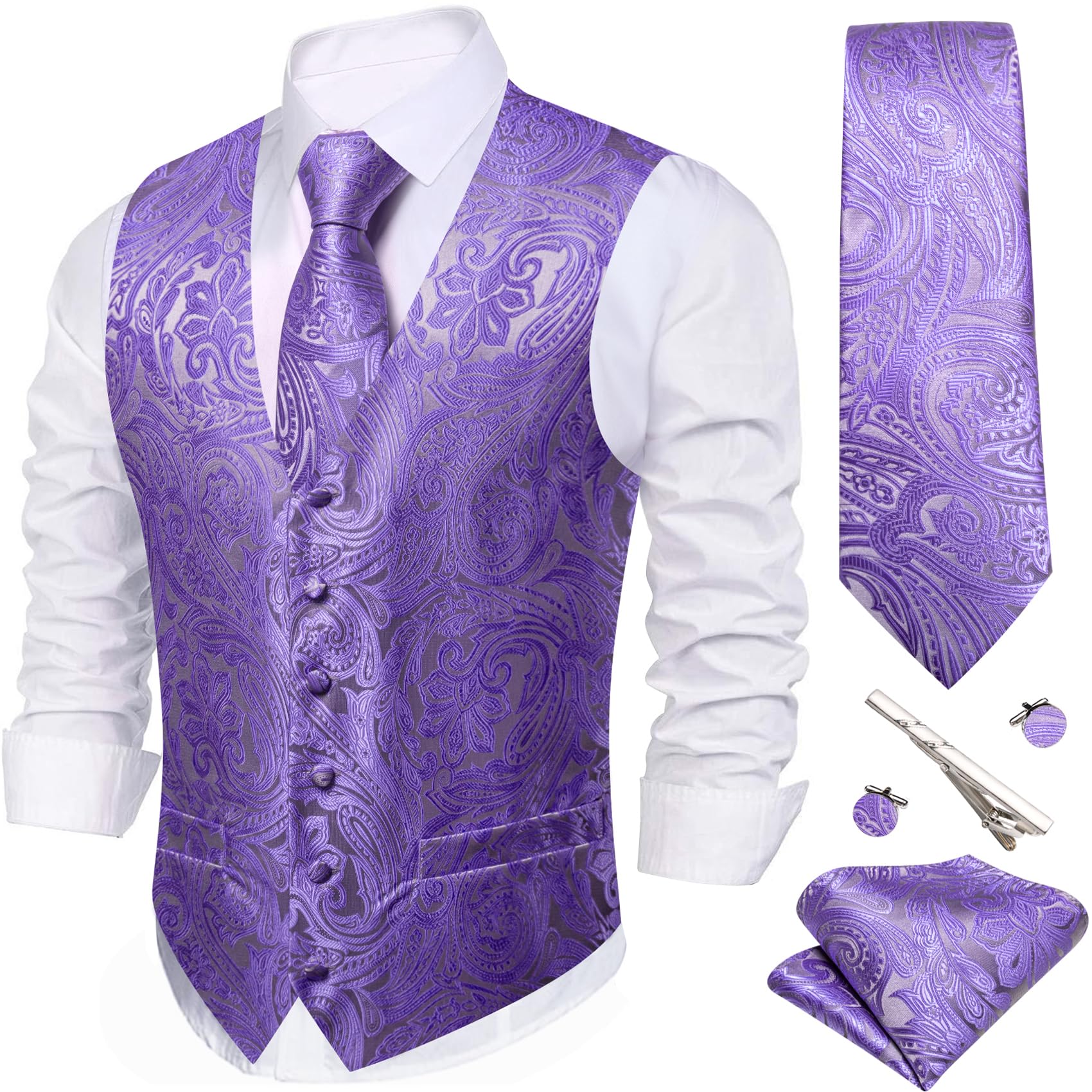 Barry.Wang Men's Suit Vest Formal/Leisure Paisley Jacquard Silk Tie Pocket Square Waistcoat Set Wedding 5PCS