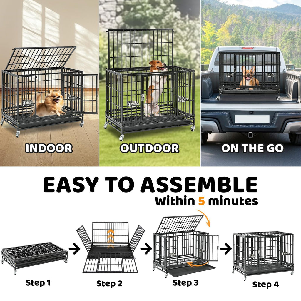 Homey Pet 37 inch Stackable Heavy Duty Dog Crate, Indestructible Escape Proof Dogs Cage Kennel with Lockable Wheels, Removable Tray & Metal Grid, Double Doors for High Anxiety Medium/Small Dogs