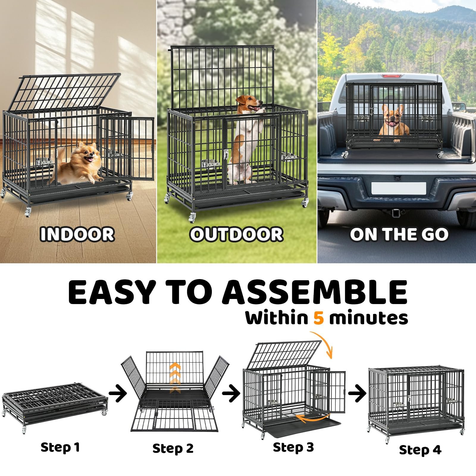 Homey Pet 37 inch Stackable Heavy Duty Dog Crate, Indestructible Escape Proof Dogs Cage Kennel with Lockable Wheels, Removable Tray & Metal Grid, Double Doors for High Anxiety Medium/Small Dogs