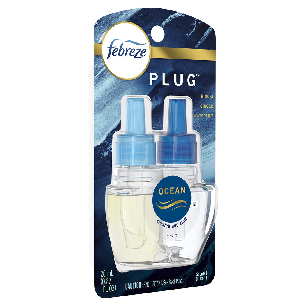 Febreze Plug in Air Freshener, Odor-Fighting Scented Oil Starter Kit, Air Fresheners for Home and Bathroom and Kitchen, Long Lasting for Strong Odors, Ocean Scent, Warmer + 2 Refill