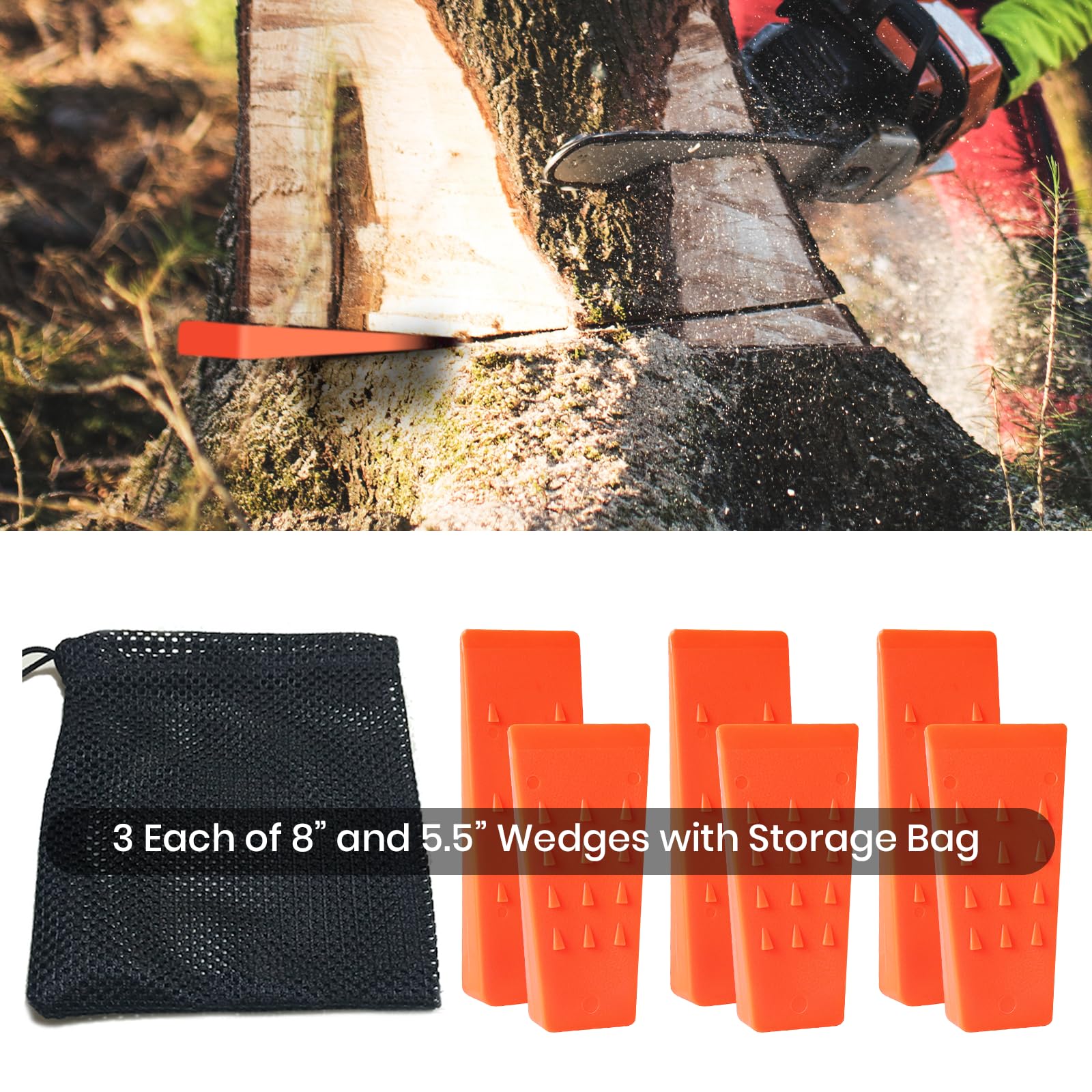 AR-PRO 6 Pack Tree Felling Wedges with Spikes for Safe Tree Cutting – 5.5” Wedges with Storage Bag; 6 Felling Dogs to Guide Trees Stabilize and Safely to Ground for Loggers and Fallers