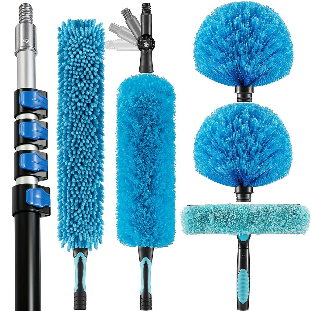 15 Foot High Ceiling Fan Duster with 5-8ft Extension Pole, Extendable Reusable Cobweb, Feather, Window Cleaning Squeegee Kit
