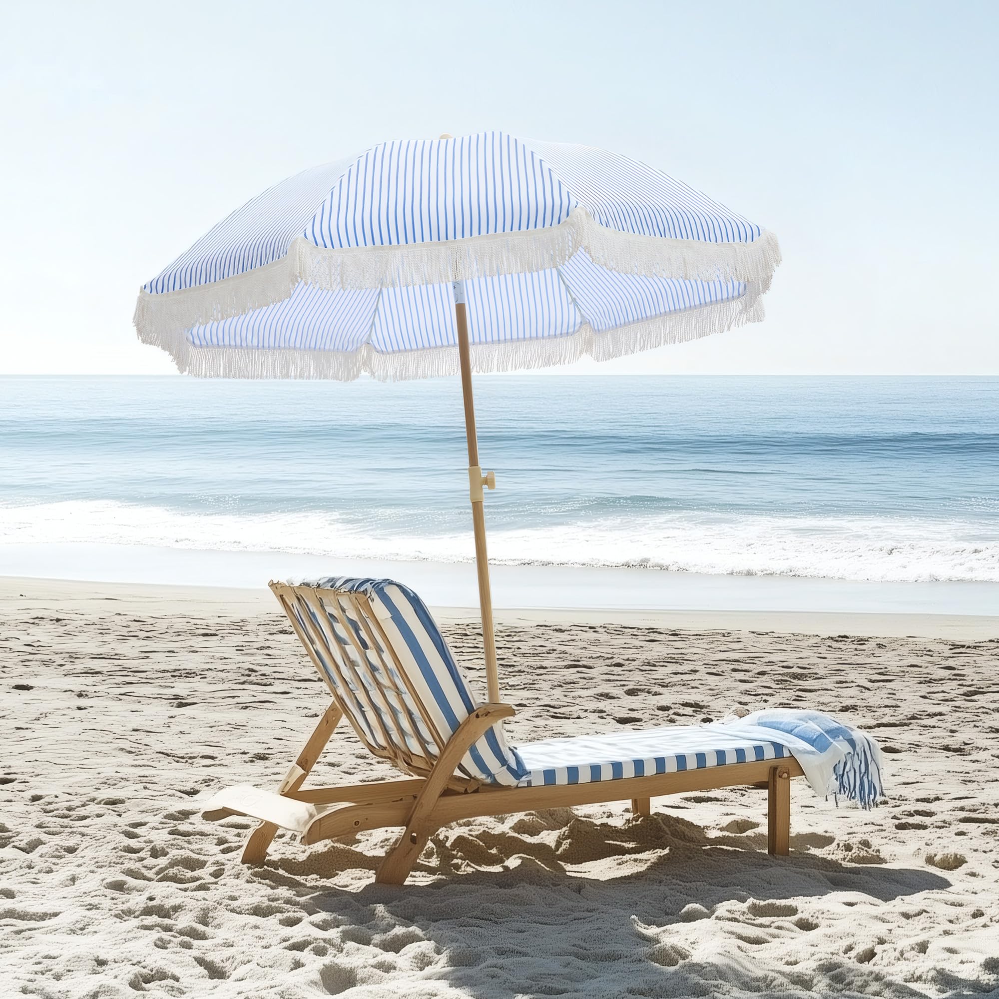 6.5FT Boho Patio Umberlla with Fringe,UPF50+ Outdoor Umbrella with Fiberglass Ribs and Push Button Tilt,Tassels Umbrella for Beach,Terrace,Picnic