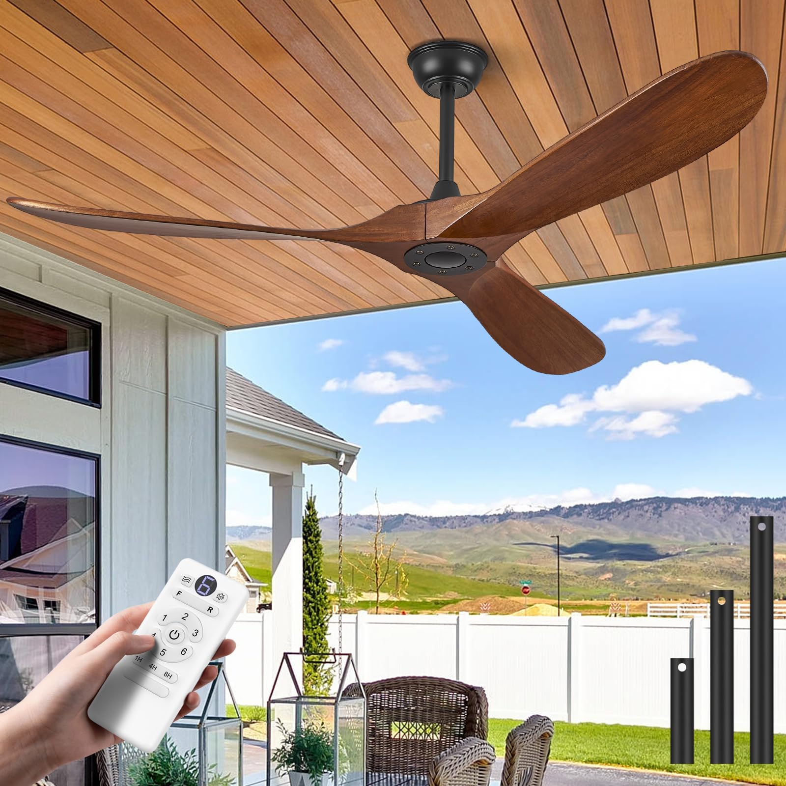 ABZ Ceiling Fans without Lights - 52 Inch Modern Ceiling Fans no Lights with Remote Control, Black 3 Blade Solid Wood Indoor Outdoor Ceiling Fans for Patios Living Room Bedroom