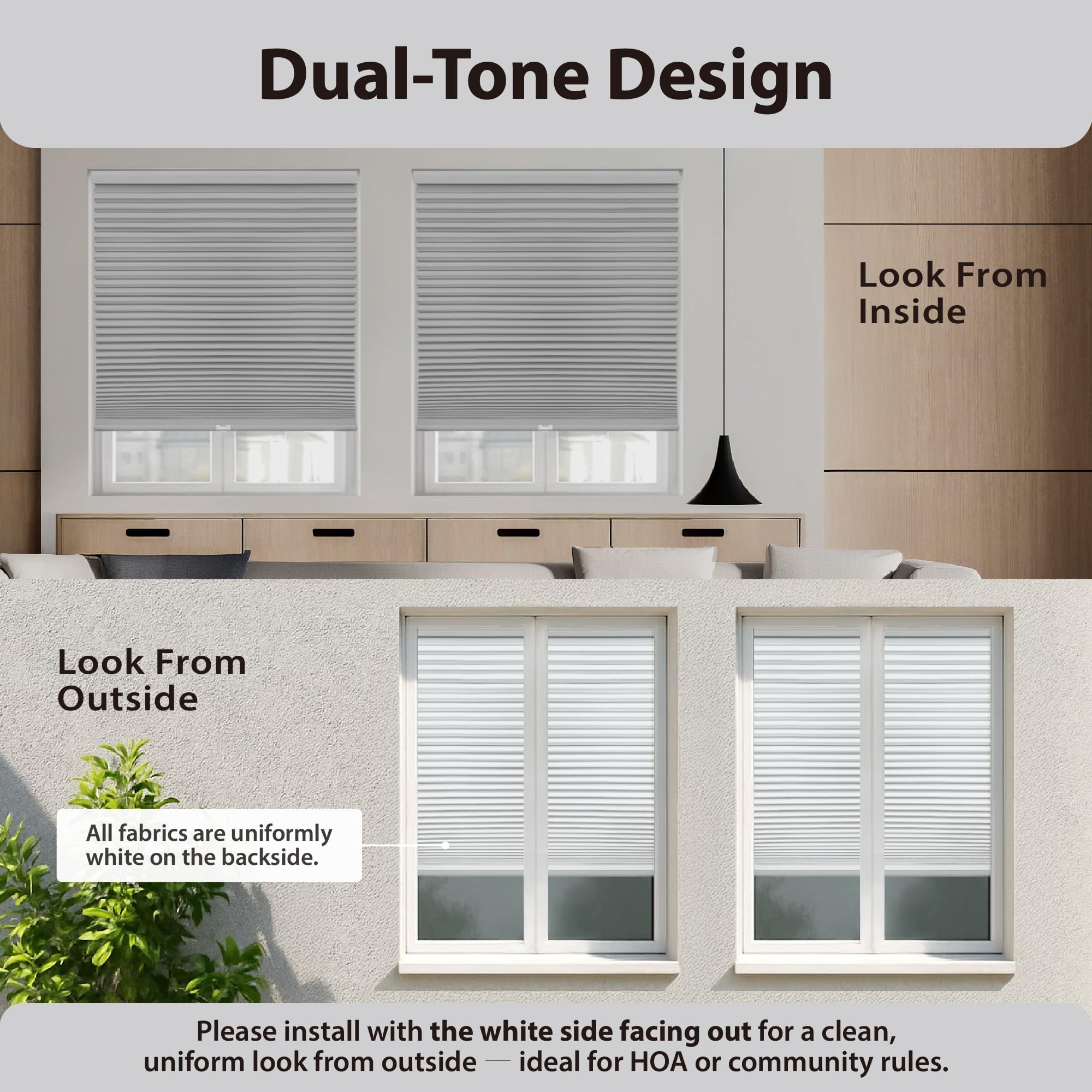 DEZ FURNISHINGS Cordless 1.5" Blackout Cellular Shade, Energy Saver, 18" W x 48" H, Anchor Gray