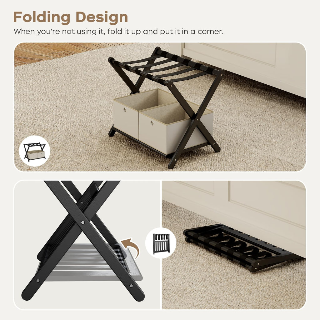 oakvivo Fully Assembled Black Luggage Rack for Guest Room, Bamboo Foldable Suitcase Stand with 5 Nylon Straps, Upgraded Luggage Rack Holder with Shelf for Bedroom Hotel, Holds up to 165 Lbs, 1pcs
