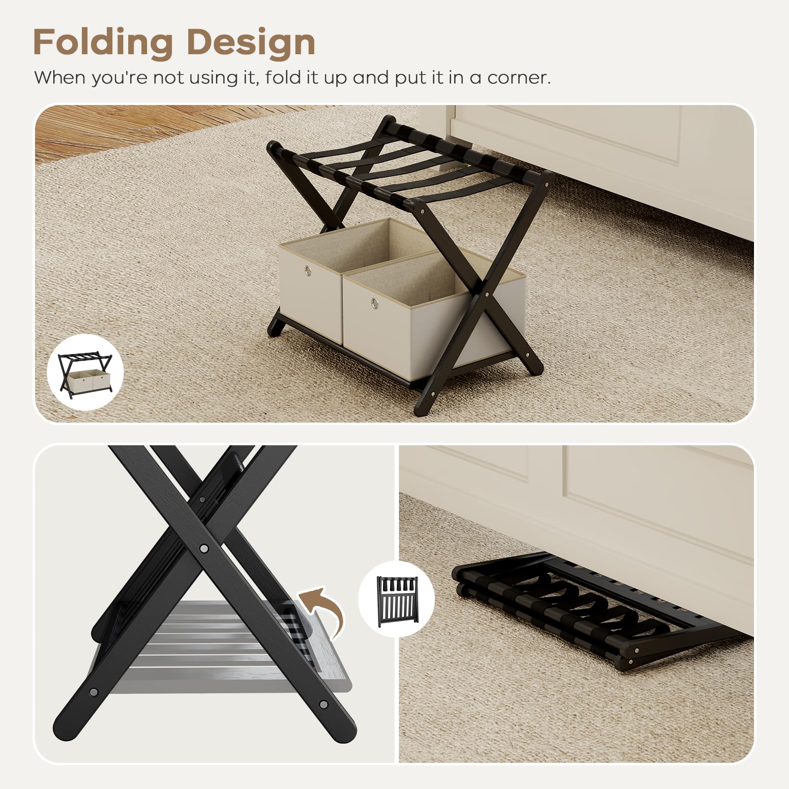 oakvivo Fully Assembled Black Luggage Rack for Guest Room, Bamboo Foldable Suitcase Stand with 5 Nylon Straps, Upgraded Luggage Rack Holder with Shelf for Bedroom Hotel, Holds up to 165 Lbs, 1pcs