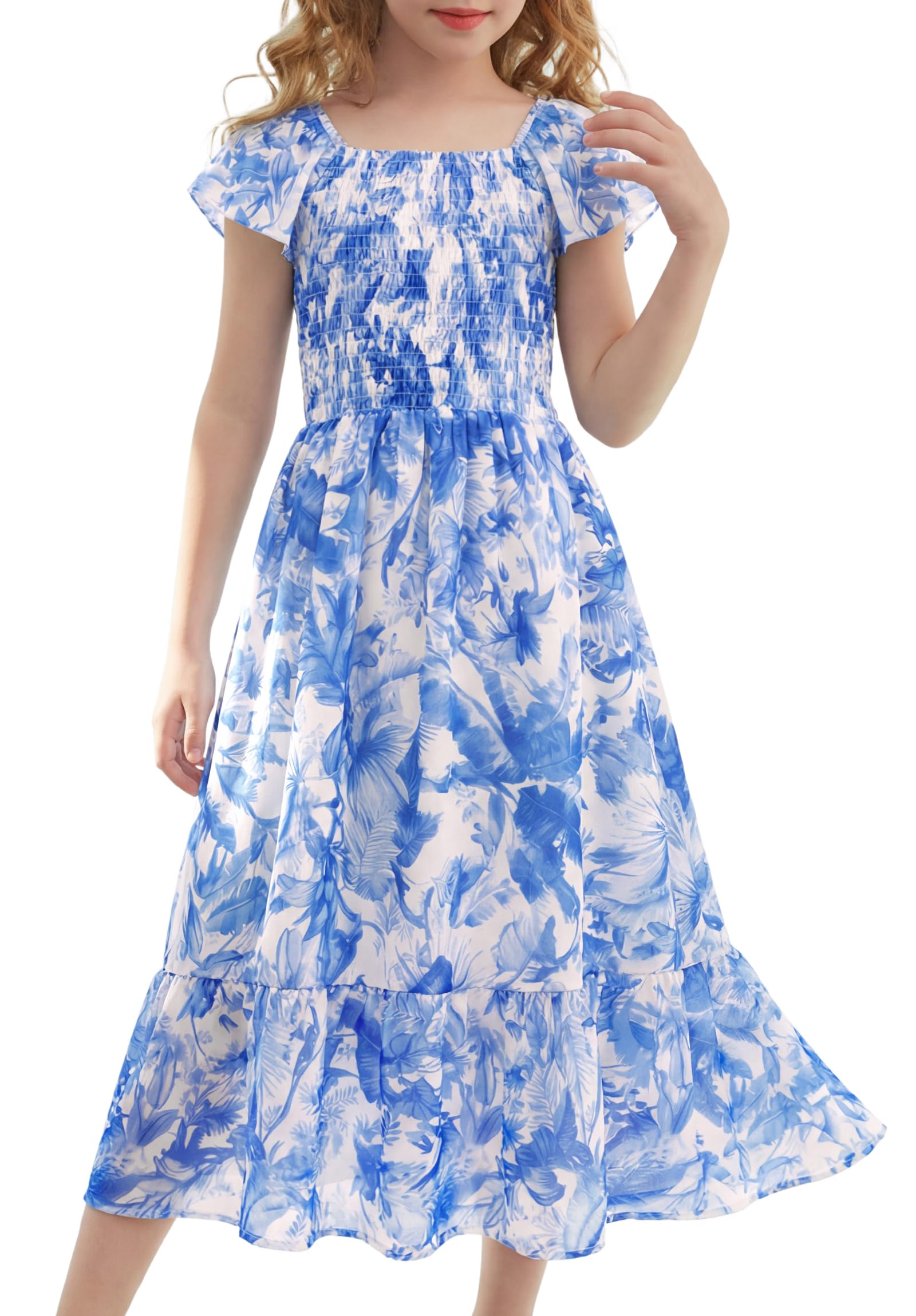 GRACE KARIN Girls Flutter Sleeve Floral Dresses Girl Long Midi Spring Dress Kids Smocked Flare Summer Dress 6-16Y