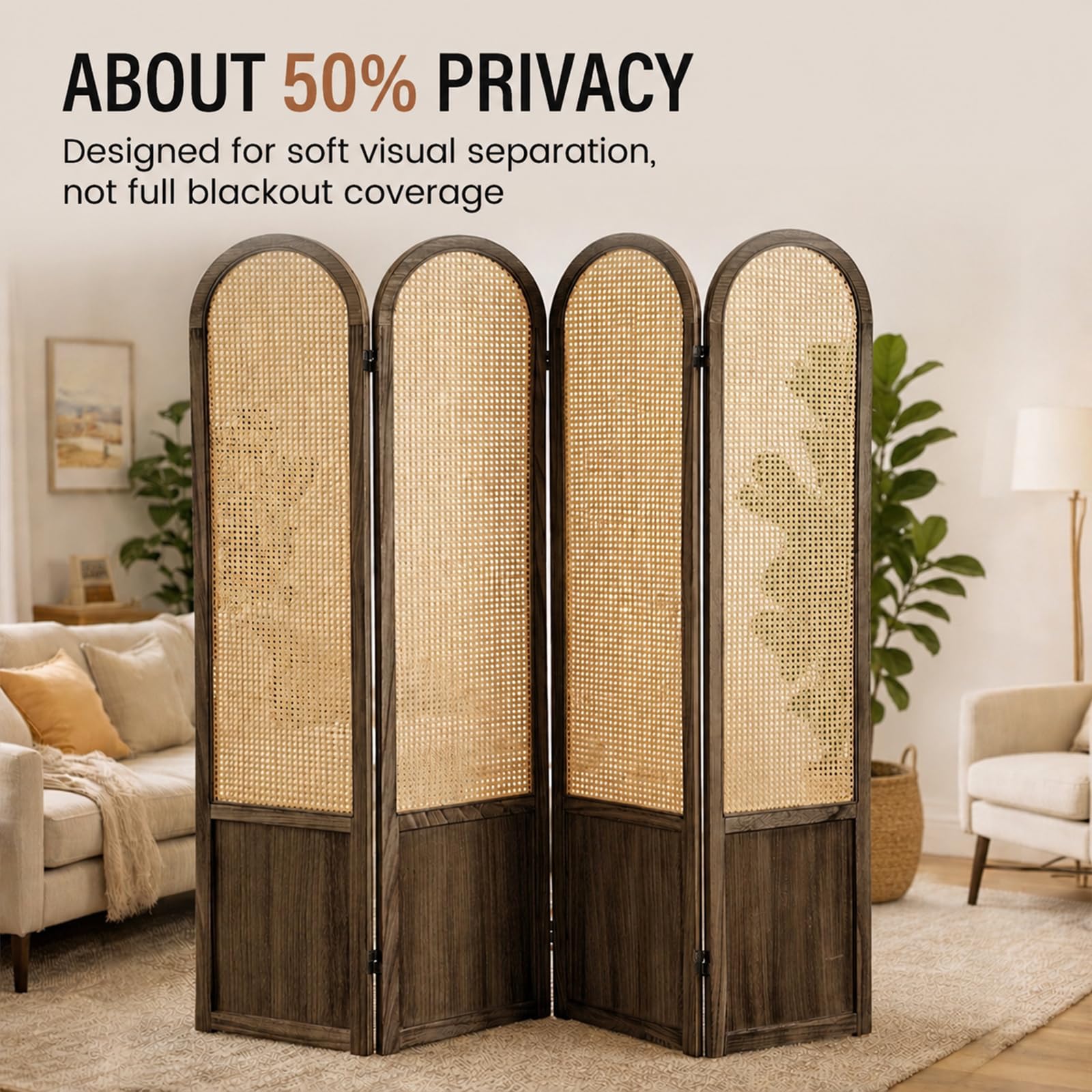 Hand-Woven Rattan Room Divider 3 Panels, 5.9 Ft Tall Wood Room Divider Panel, Partition Screen Divider Wall, Folding Privacy Screen, Wall Divider for Room Separation Home Office - Black