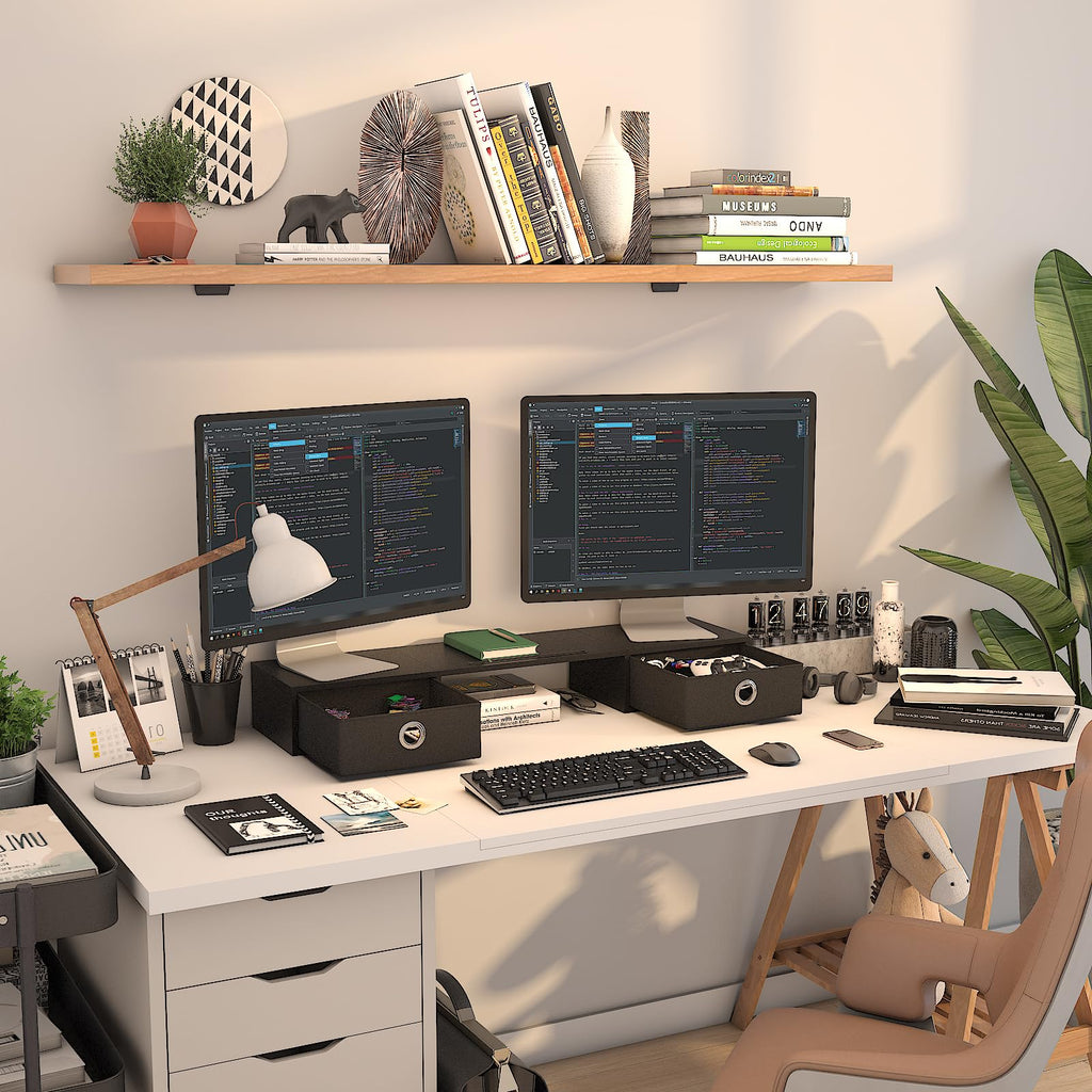 WESTREE Dual Monitor Stand Riser with Two Drawers, Extra Large Storage Monitor Stand for 2 Monitors, Desktop Oraganizer Stand for Computer,Laptop,Screen,Printer,TV