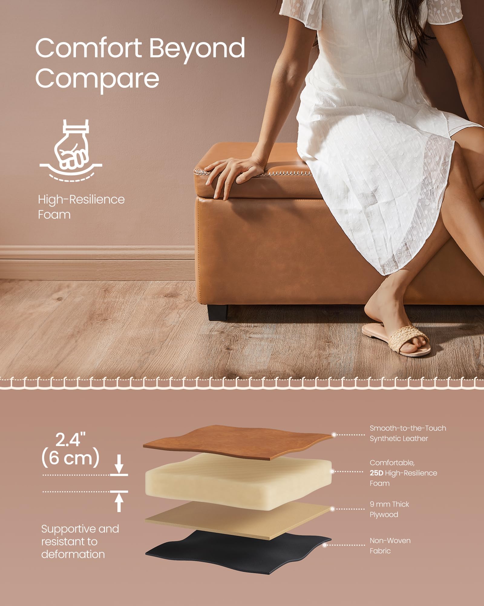 VASAGLE EKHO Collection - Storage Ottoman Bench, Entryway Bedroom Bench, 15 Gallons, Synthetic Leather with Stitching, Mid-Century Modern, Safety Hinges, Loads 660 lb, Caramel Brown ULOM074K01