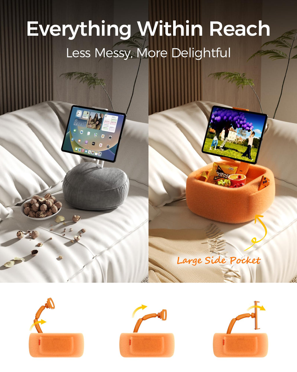 LULULOOK Tablet Pillow Stand, Compatible with iPad, iPhone and 4.7-14.6”Tablet, 360° Adjustable Kindle Pillow Stand for Bed with Ultra Fluffy Fabric & Snack Bowl (Cloudy White)