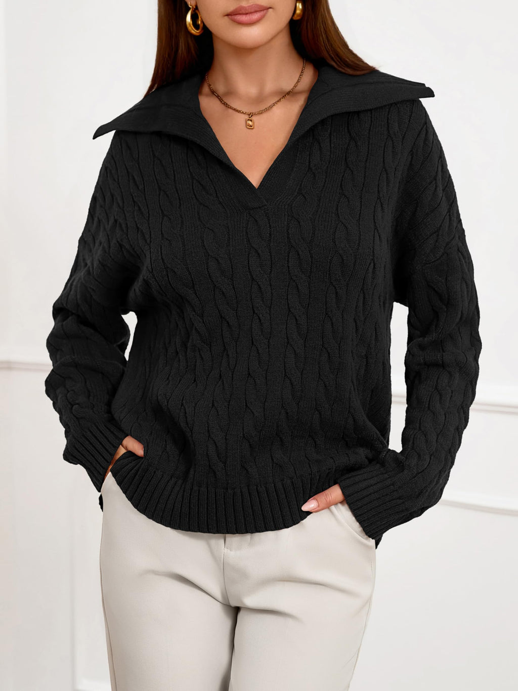 PRETTYGARDEN Spring Cable Knit Oversized Sweaters for Women 2026 Polo V Neck Long Sleeve Casual Chunky Sweater Pullover Tops