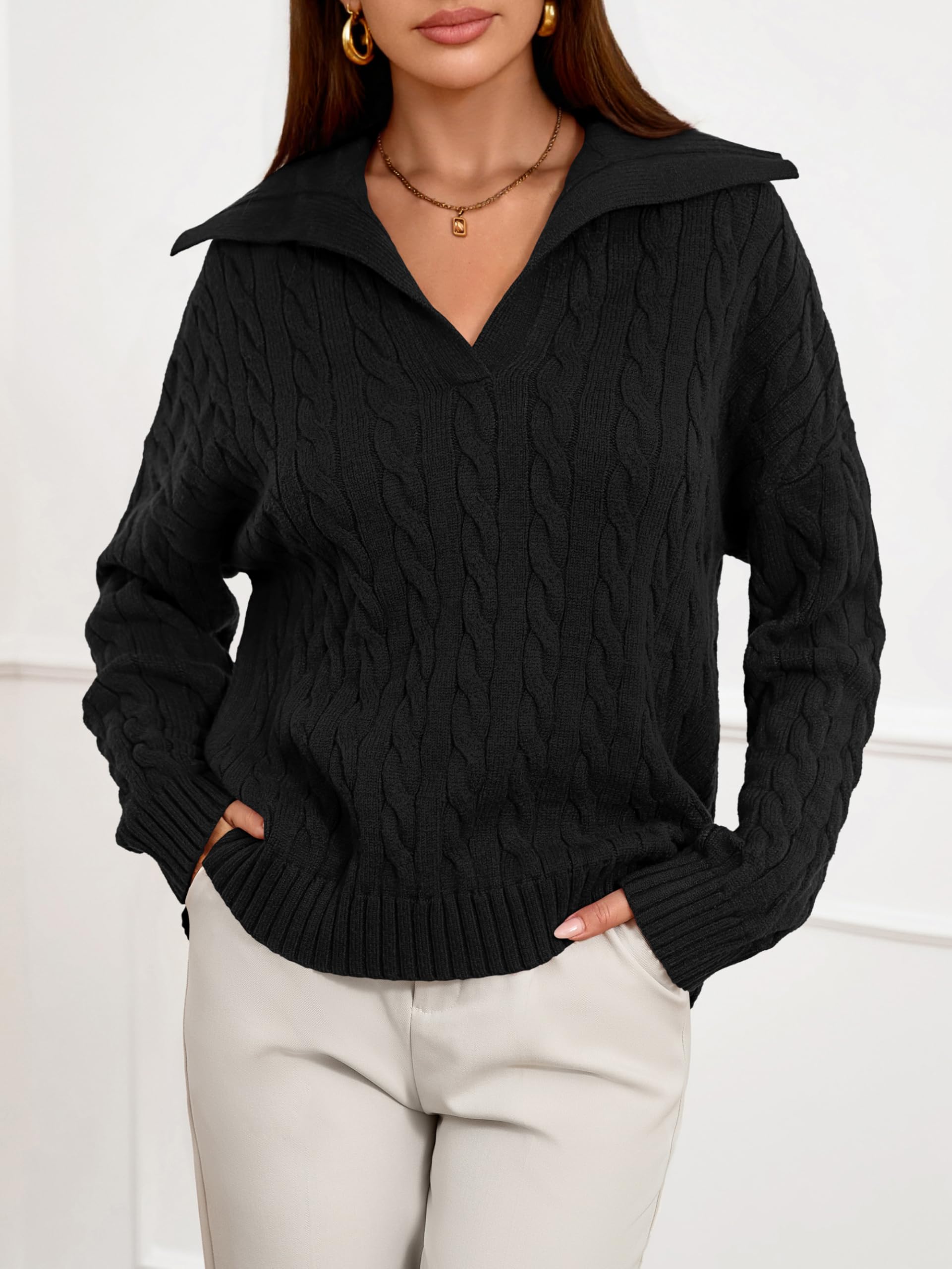PRETTYGARDEN Spring Cable Knit Oversized Sweaters for Women 2026 Polo V Neck Long Sleeve Casual Chunky Sweater Pullover Tops