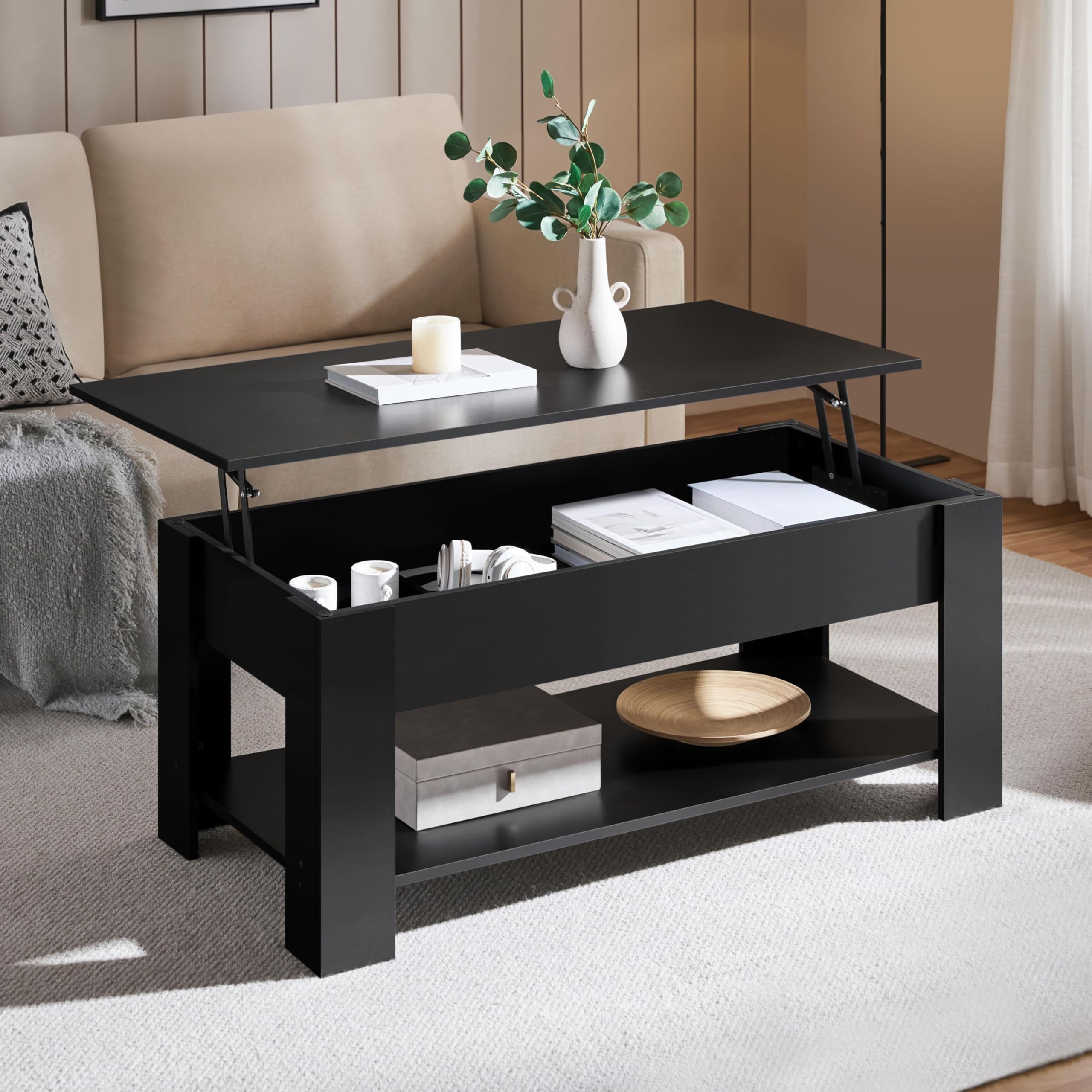 Yaheetech Wooden Coffee Table, Lift Top Coffee Table with Large Hidden Storage Shelf, Lift Tabletop Dining Tables for Living Room, Home Small Space, 38.6in, Black