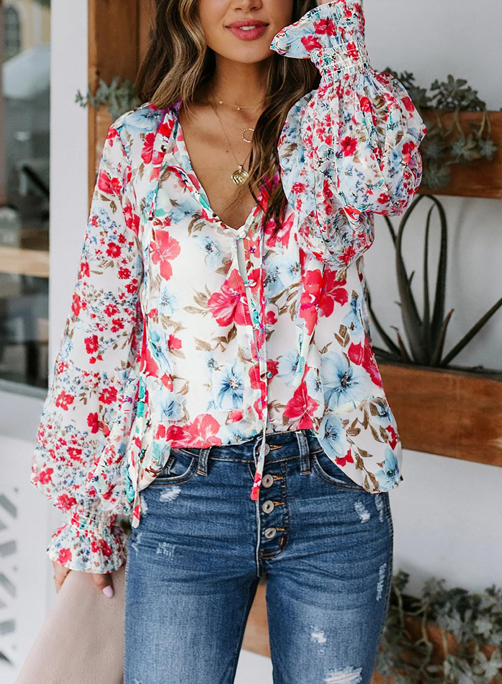 Biucly Women's Casual Boho Floral Print V Neck Long Sleeve Drawstring Tops Loose Blouses Button Down Shirts
