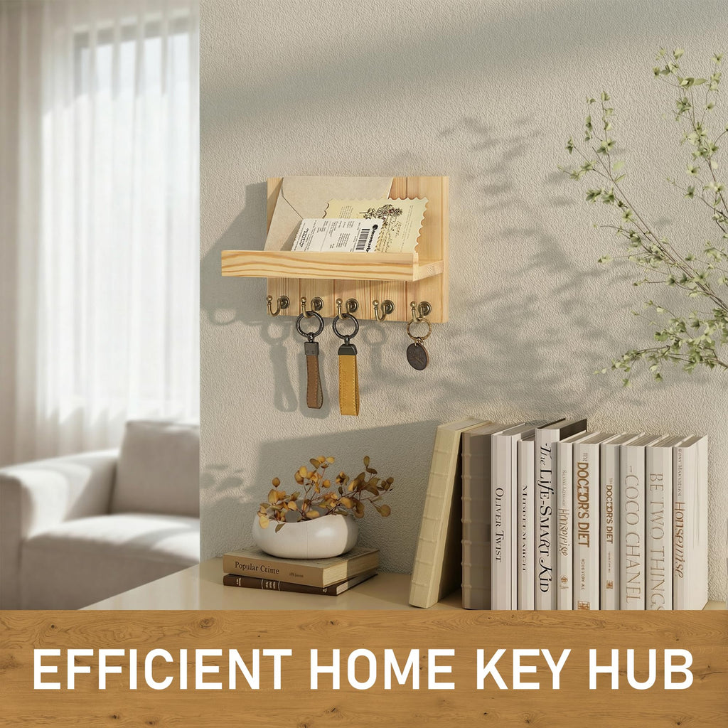 Rebee Vision Acacia Wood Key Holder Wall Mount – Farmhouse Key Holder for Wall & Mail Organizer with Shelf for Home Decor – Ideal for Apartment Essentials (Acacia Wood, 3.54" x 10" x 7.28")