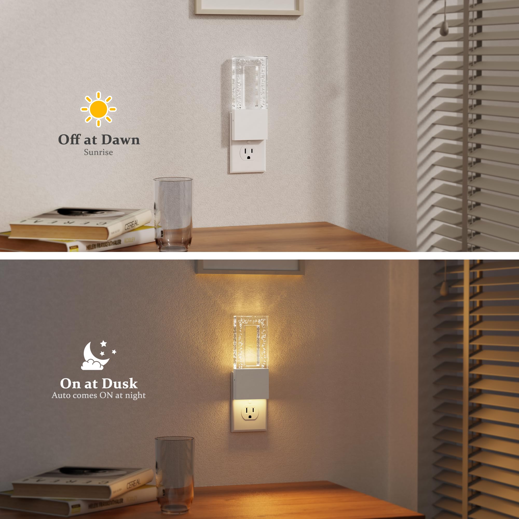 JandCase Night Lights Plug into Wall, Dusk to Dawn Sensor, 3000K Soft White LED, Acrylic Design, 0-100lm Adjustable Brightness, for Bedroom, Bathroom, Living Room, Hallway