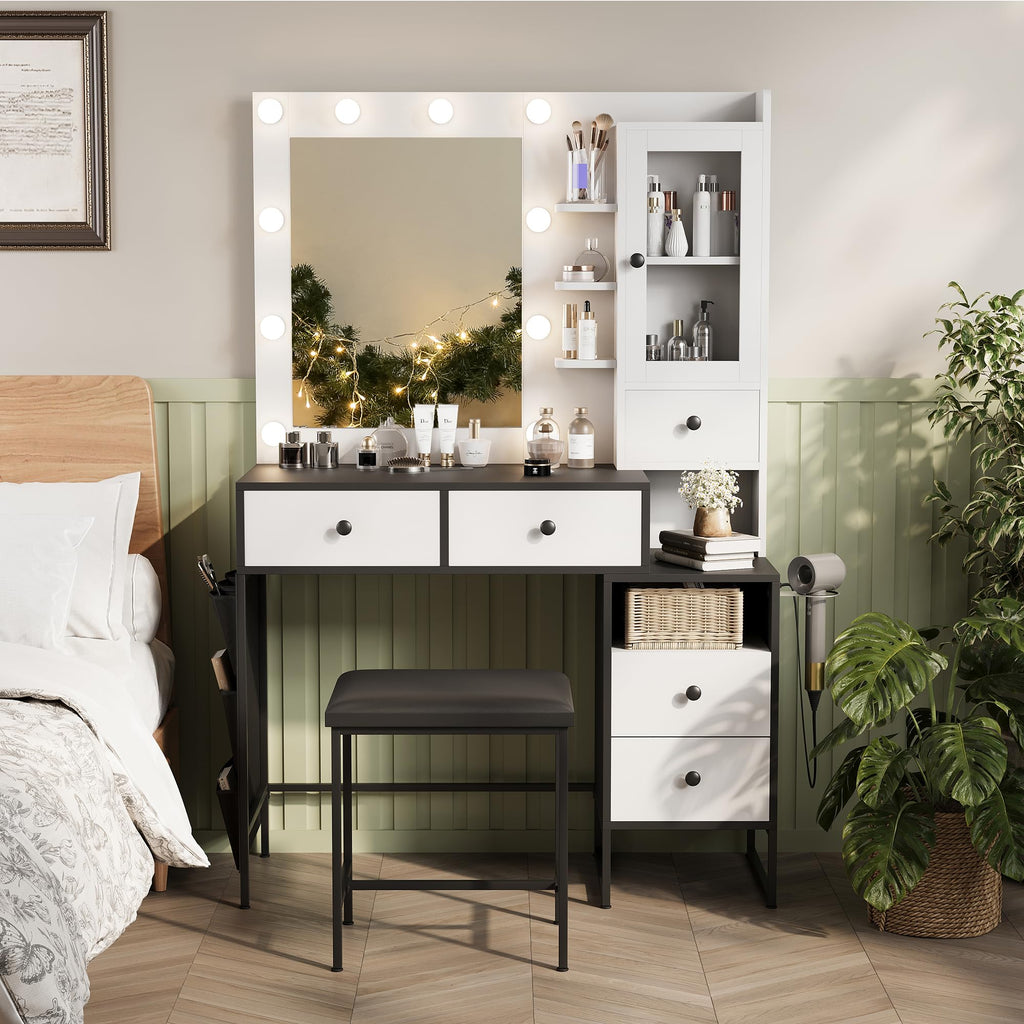 YIKEHOME Makeup Vanity Desk with Mirror and 10 Lights, 3-Colour Hollywood Brighter Bulbs, Vanity Table Set with Large Drawers and and Charging Station for Bedroom Dressing Room White