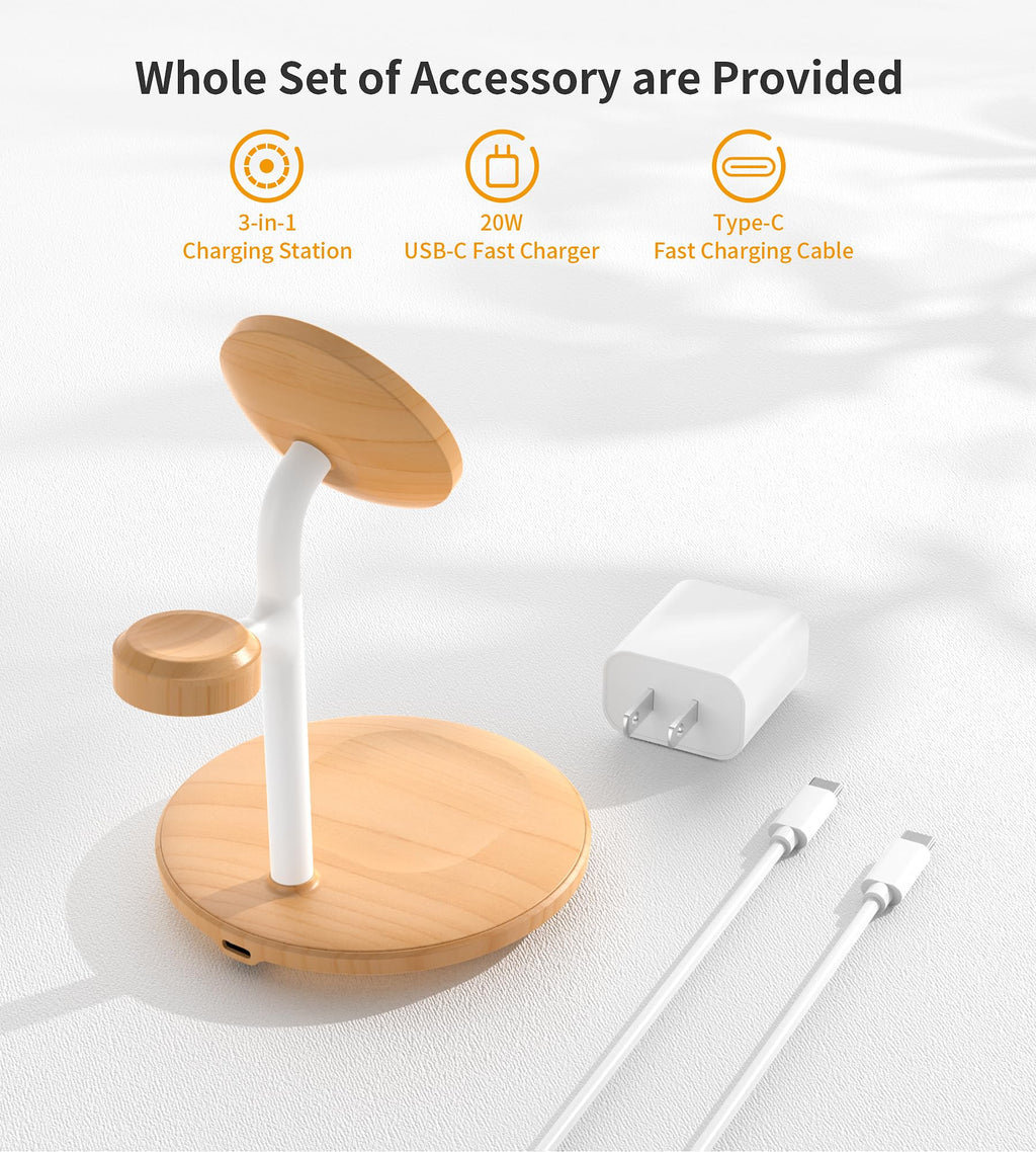 XooFly 3 in 1 Wireless Charging Station for Apple Devices, Fast Wireless Mag-Safe Charger Stand with 20W Adapter for iPhone 17/16 15 14 13 12 Pro Max/Pro/Plus/Air/Mini, iWatch, AirPods (Black)