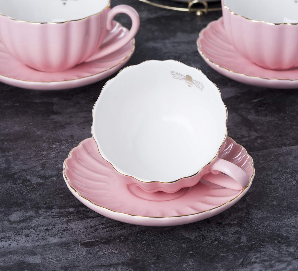 Jusalpha Serve for 6- Fine China Pink Coffee Cup/Teacup Set, 8 OZ Cups& Saucer, with Teapot-Sugar Bowl-Cream Pitcher Teaspoons and tea strainer for Tea/Coffee (Lavender, Serve of 6)
