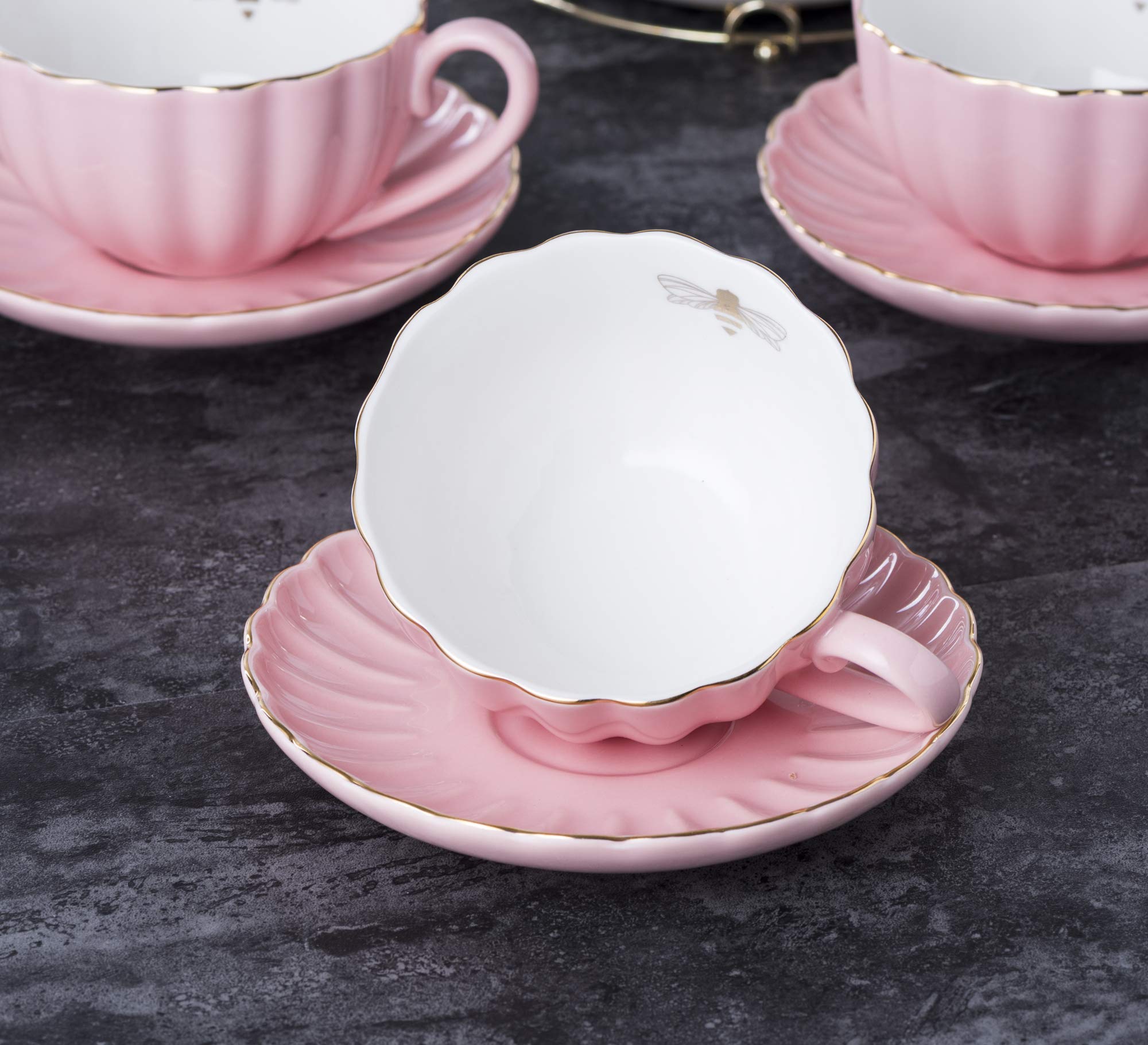 Jusalpha Serve for 6- Fine China Pink Coffee Cup/Teacup Set, 8 OZ Cups& Saucer, with Teapot-Sugar Bowl-Cream Pitcher Teaspoons and tea strainer for Tea/Coffee (Lavender, Serve of 6)