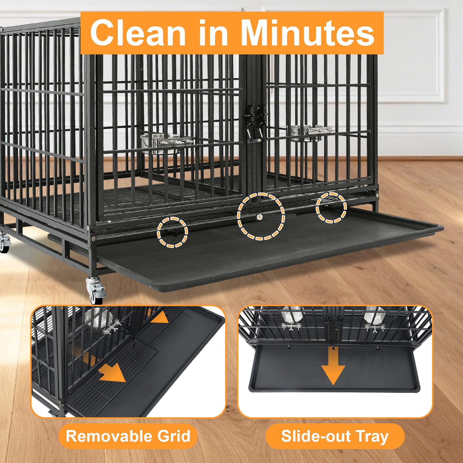 Homey Pet 37 inch Stackable Heavy Duty Dog Crate, Indestructible Escape Proof Dogs Cage Kennel with Lockable Wheels, Removable Tray & Metal Grid, Double Doors for High Anxiety Medium/Small Dogs
