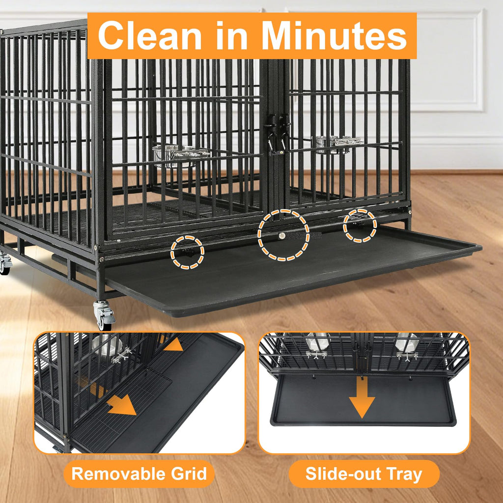 Homey Pet 37 inch Stackable Heavy Duty Dog Crate, Indestructible Escape Proof Dogs Cage Kennel with Lockable Wheels, Removable Tray & Metal Grid, Double Doors for High Anxiety Medium/Small Dogs
